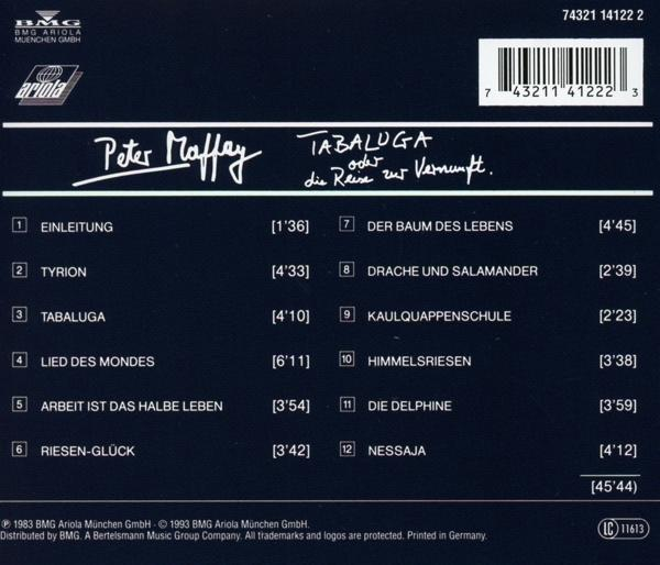 Rückseite einer CD. Enthält Titelliste und Credits. Dunkelblauer Hintergrund.