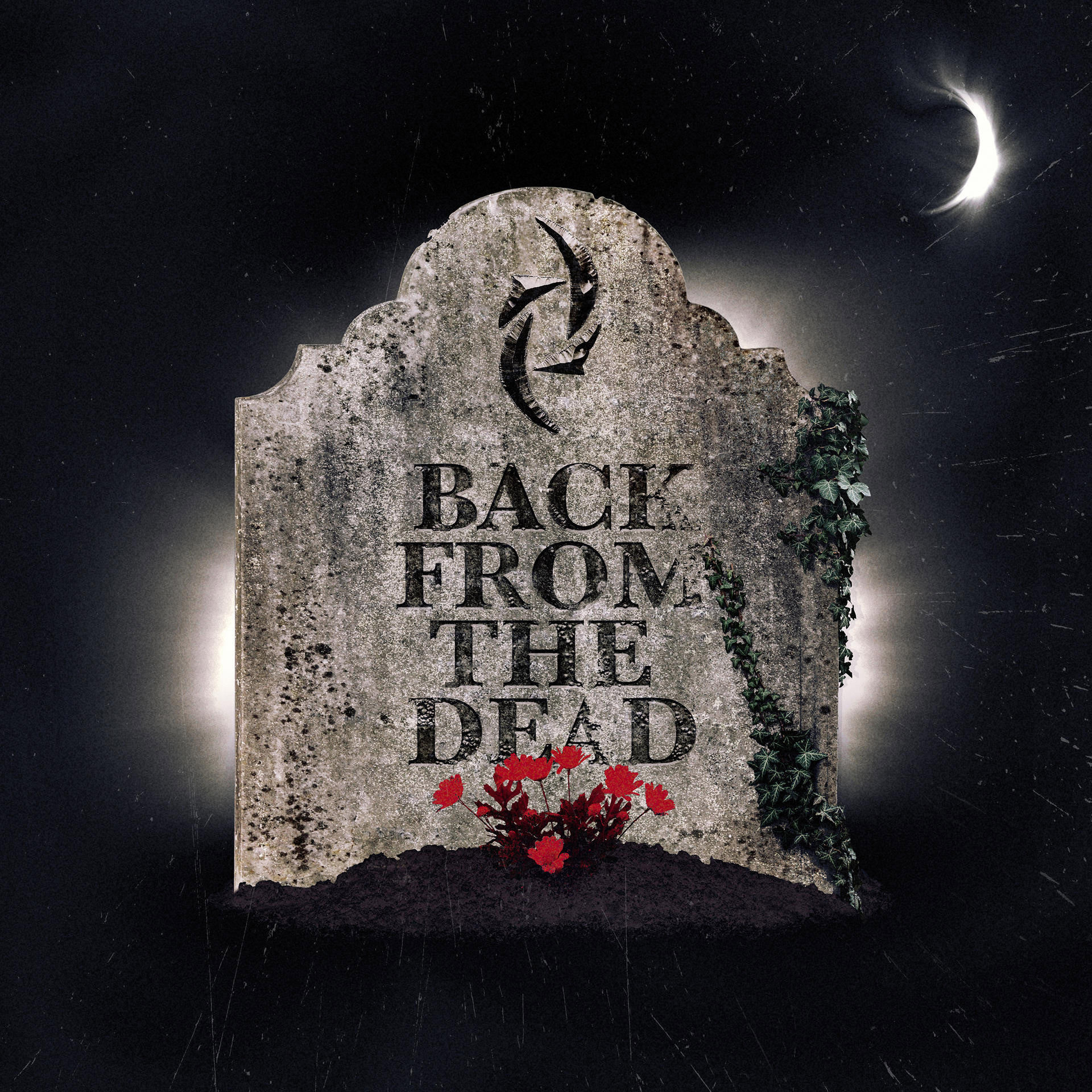 Grabstein mit den Worten 'Back From The Dead' und roten Blumen.