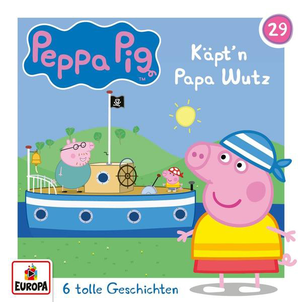 Cartoon-Bild von Peppa Wutz und ihren Freunden auf einem Boot. Titel: Käpt'n Papa Wutz.
