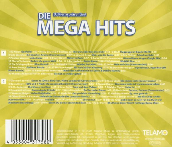 Rückseite einer CD mit dem Titel 'Mega Hits', Titelliste und Logo.