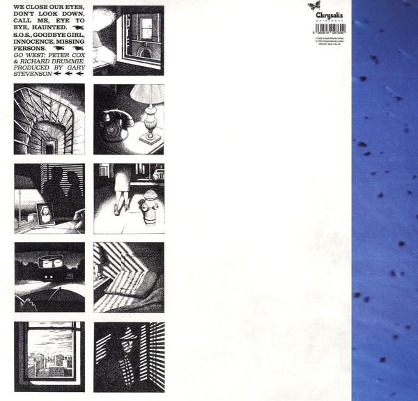 Album-Rückseite: Zeichnungen und Text. Schwarz-Weiß-Illustrationen. Blauer Hintergrund.
