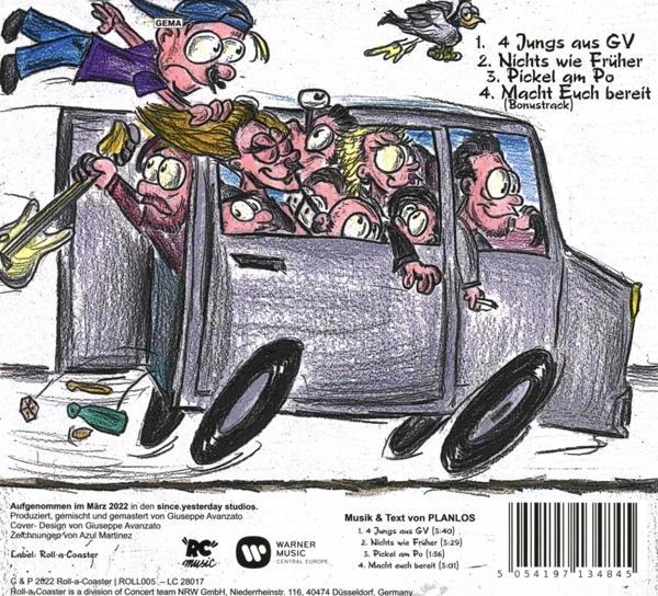 Cartoon-Bild eines Autos mit Leuten darin und einem Vogel, der fliegt.