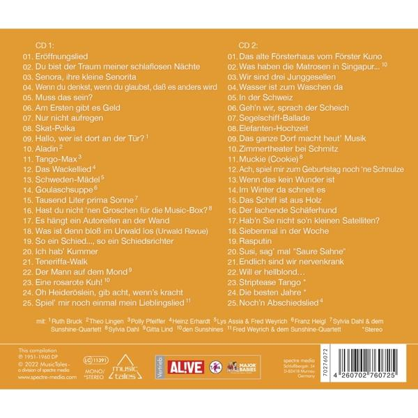 CD-Albumcover mit textbasierter Titelliste. Das Album hat ein farbenfrohes Design.