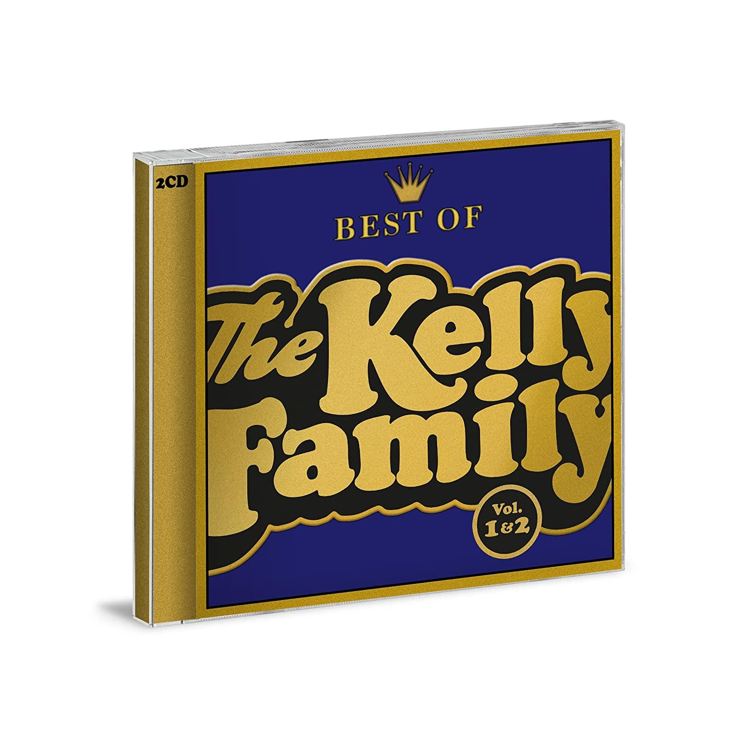 Eine CD-Hülle mit 'Best of The Kelly Family' in goldenem Text auf blauem Hintergrund, goldener Umrandung.