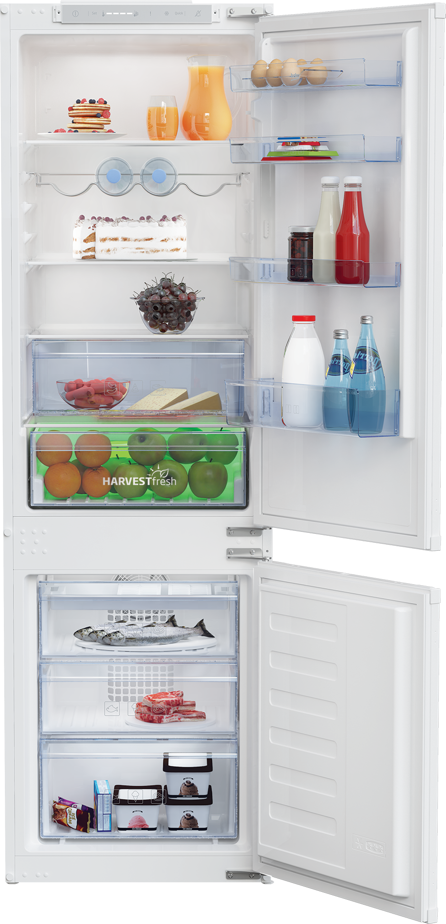Un refrigerador blanco, abierto. La parte superior tiene estantes con comida. La inferior tiene cajones de congelador.