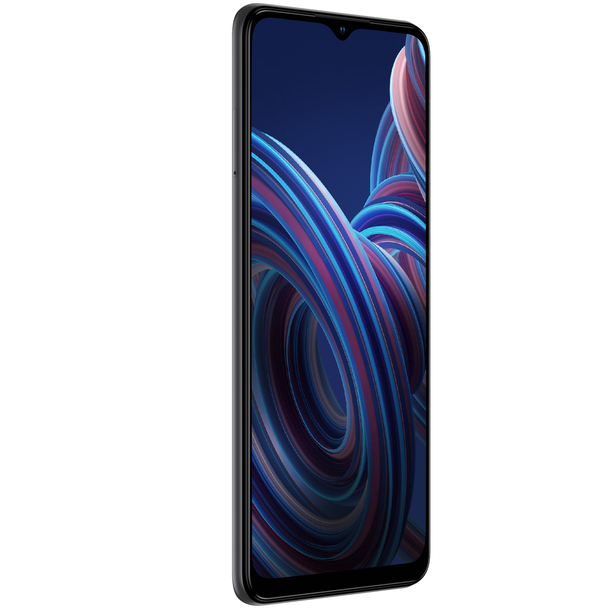 Ein schwarzes Smartphone mit einem farbenfrohen, abstrakten Display; weißer Hintergrund.
