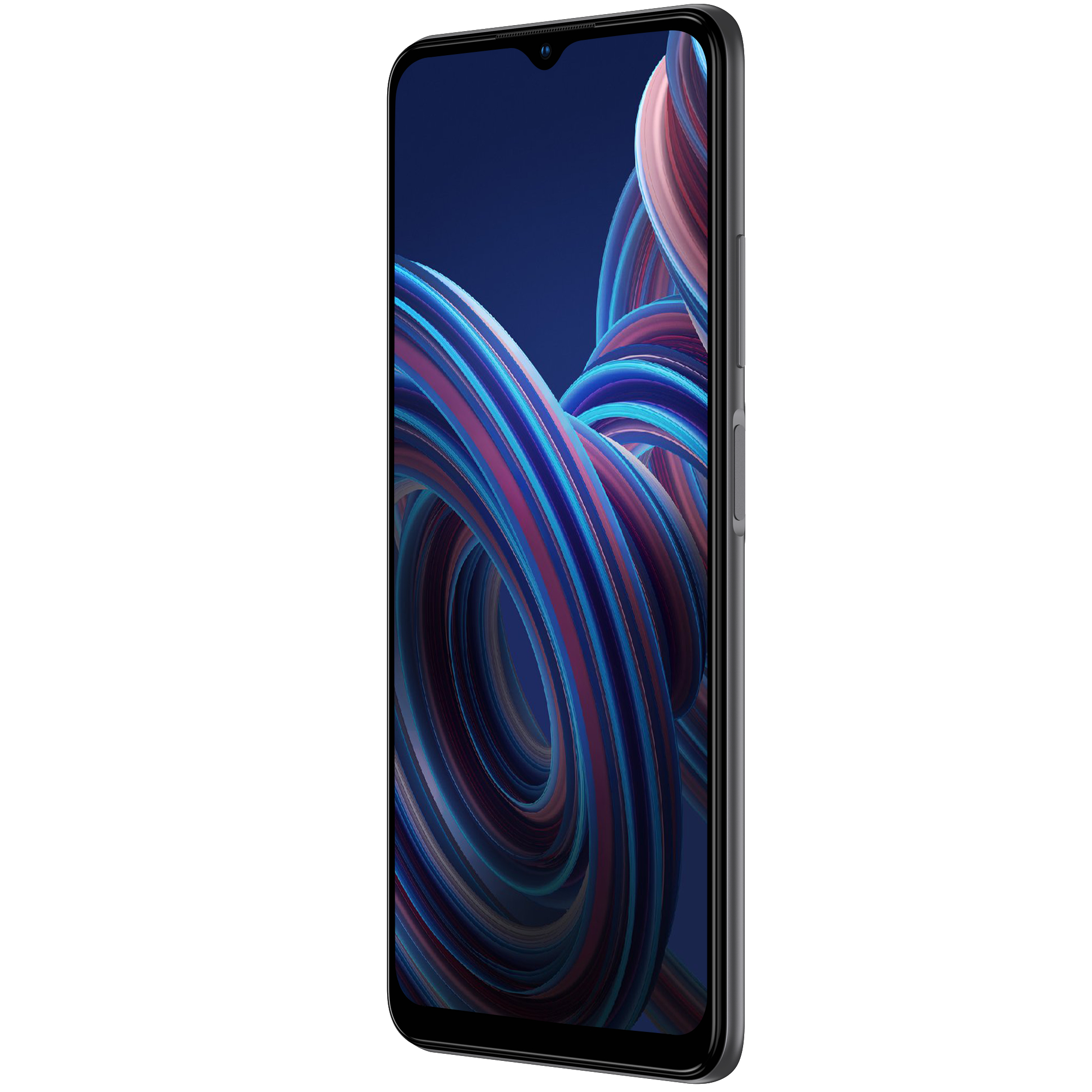 Schwarzes Smartphone auf weißem Hintergrund mit blauem und rotem Wirbeldesign.