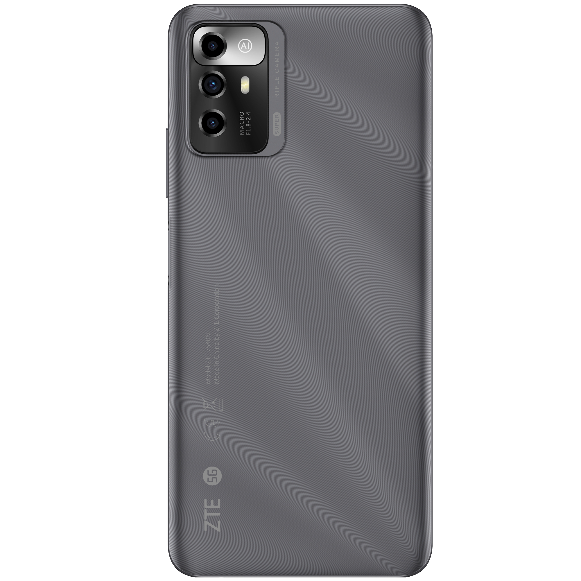 Die Rückseite eines grauen ZTE 5G-Smartphones mit mehreren Kameras und dem ZTE-Logo.