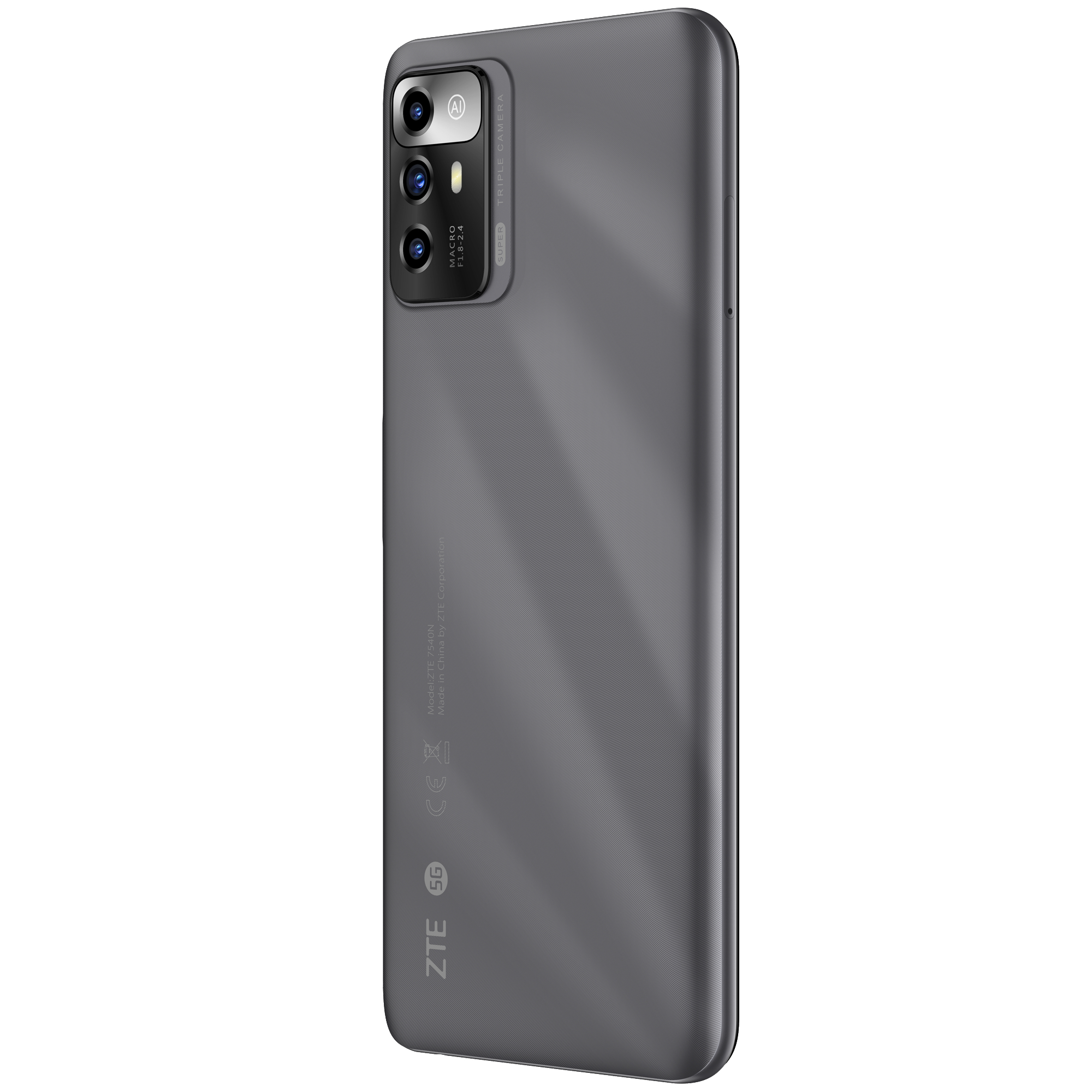 Graues Smartphone, Rückansicht. Verfügt über mehrere Kameras und das ZTE-Logo unten.