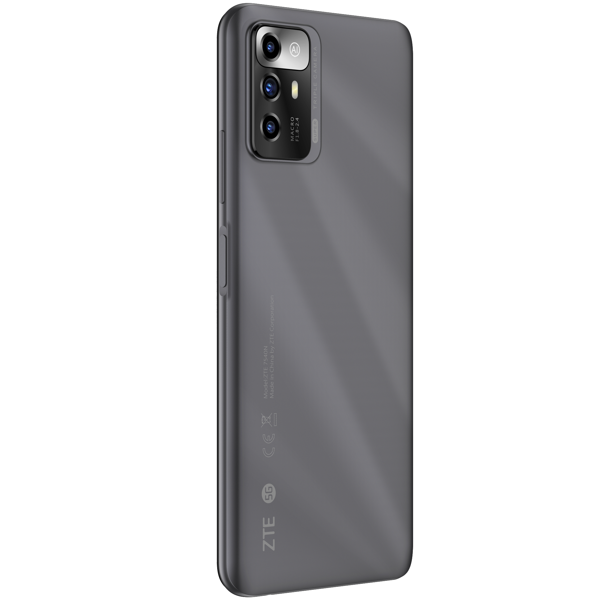 Rückseite eines grauen Smartphones. Dreifach-Kamera, Modellinformationen und ZTE-Logo.