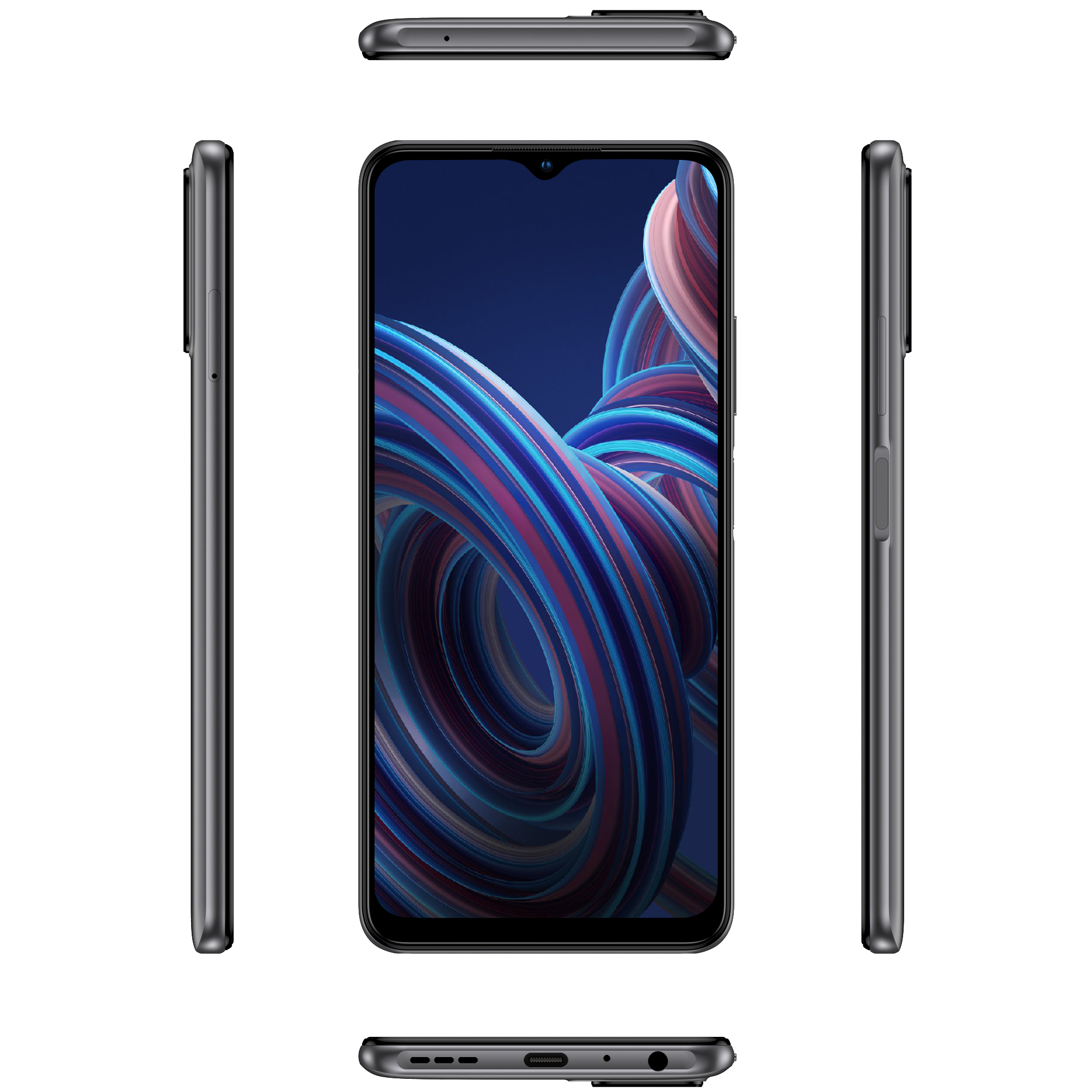 Smartphone mit Bildschirm mit farbenfrohem Design. Seiten- und Draufsicht zeigen Design und Tasten.