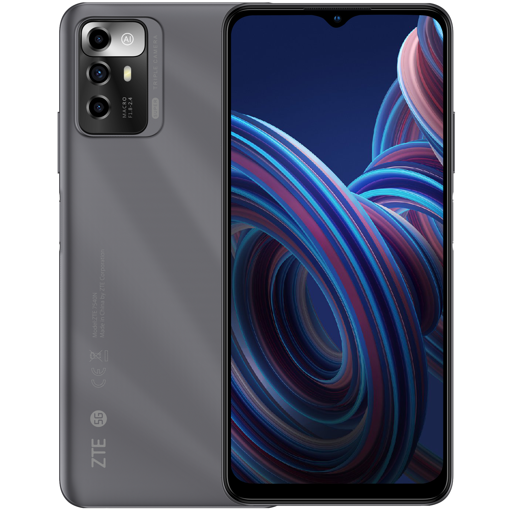 Ein graues Smartphone mit einer Dreifachkamera-Anordnung auf weißem Hintergrund.
