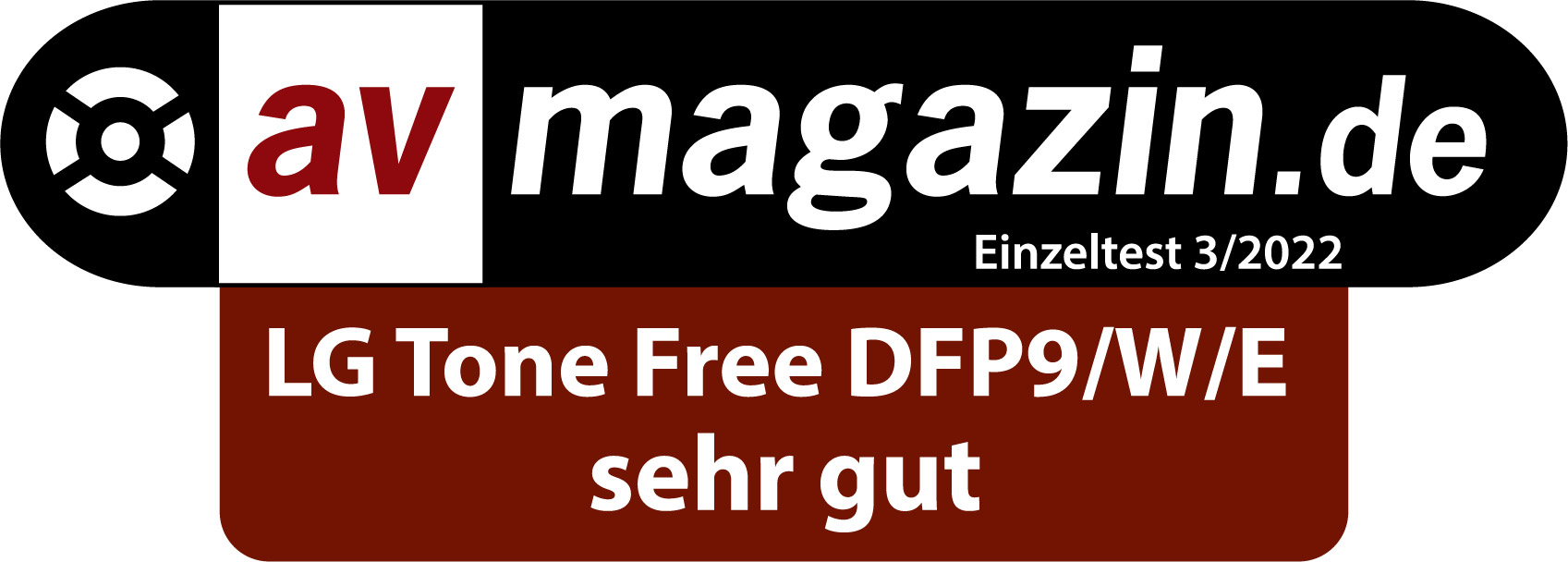 av magazin.de Testbericht: LG Tone Free DFP9/W/E, bewertet mit "sehr gut". Dunkelroter Hintergrund, weißer Text.