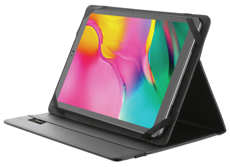 Tablet fekete tokban, megdöntve, a tok által megtámasztva, fehér háttéren.