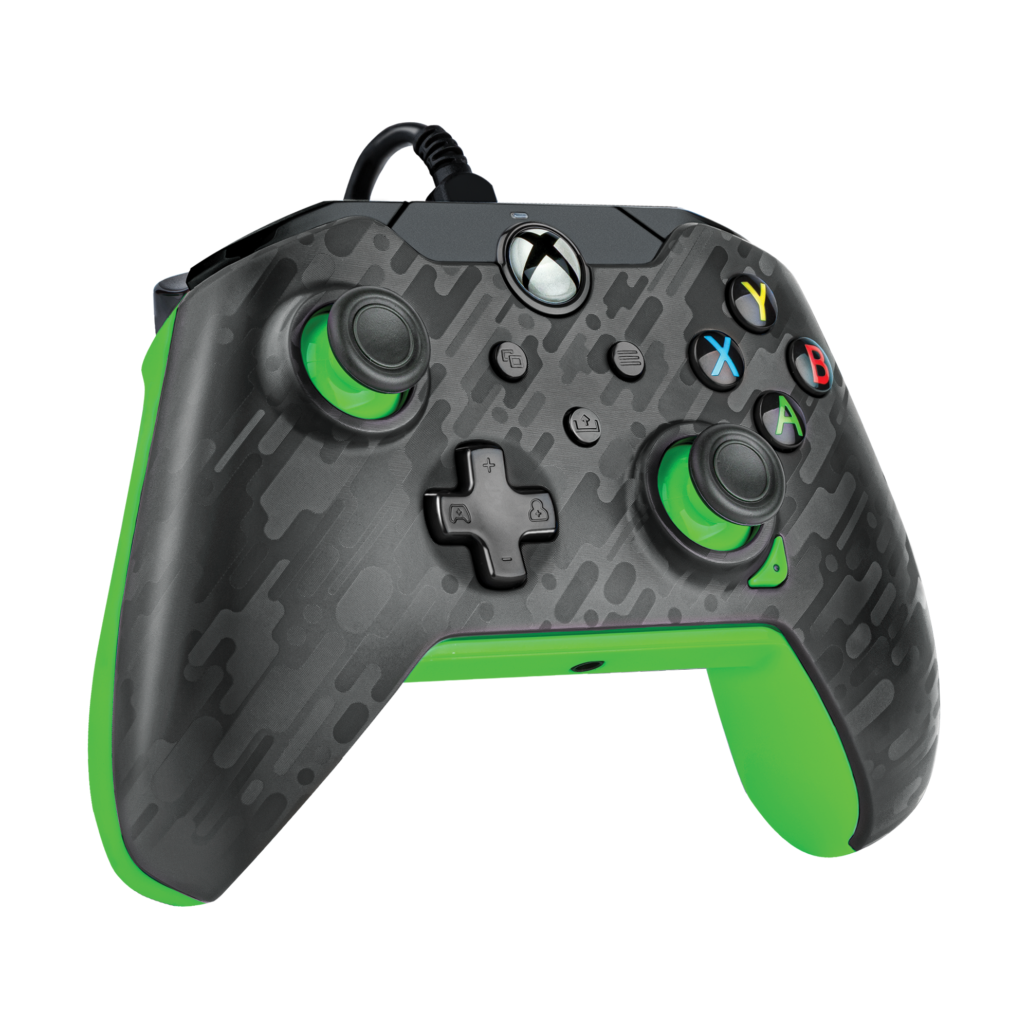 Ein schwarz-grüner Xbox-Controller mit Muster auf schwarzem Hintergrund.