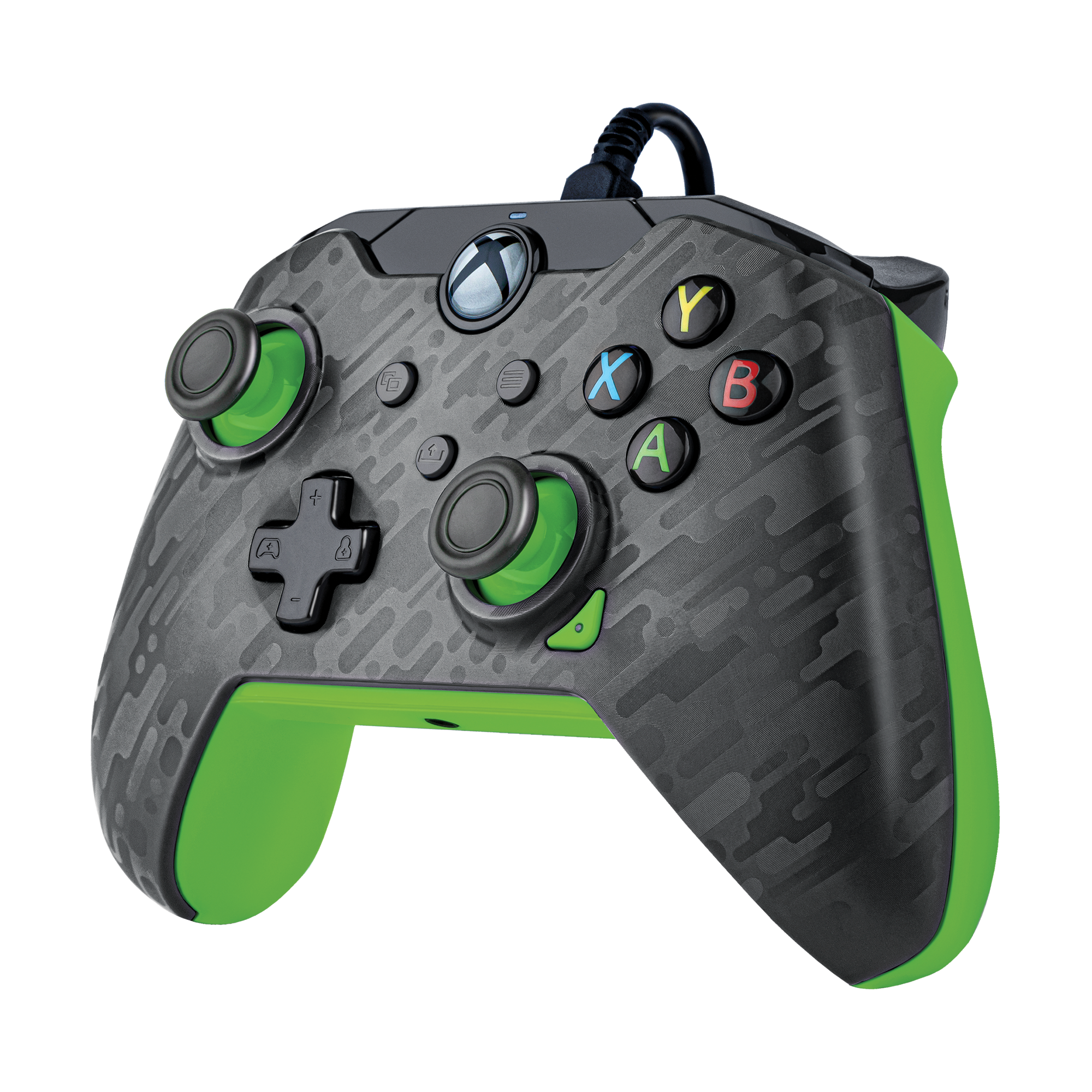 Schwarzer und grauer Xbox-Controller mit grünen Akzenten, beschrifteten Tasten und Kabel.