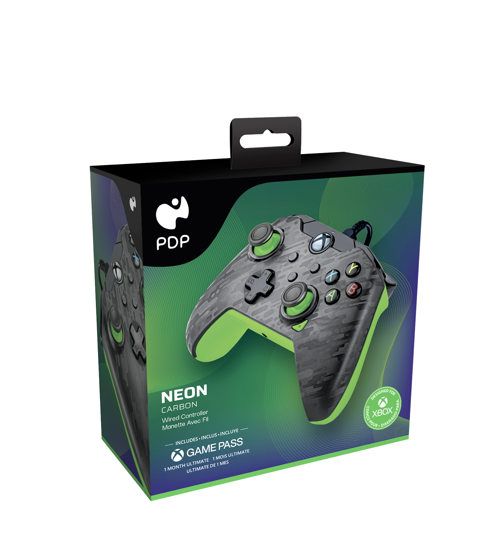 Spielcontroller-Box. Schwarz mit neongrünen Akzenten und einem Bild des Controllers.