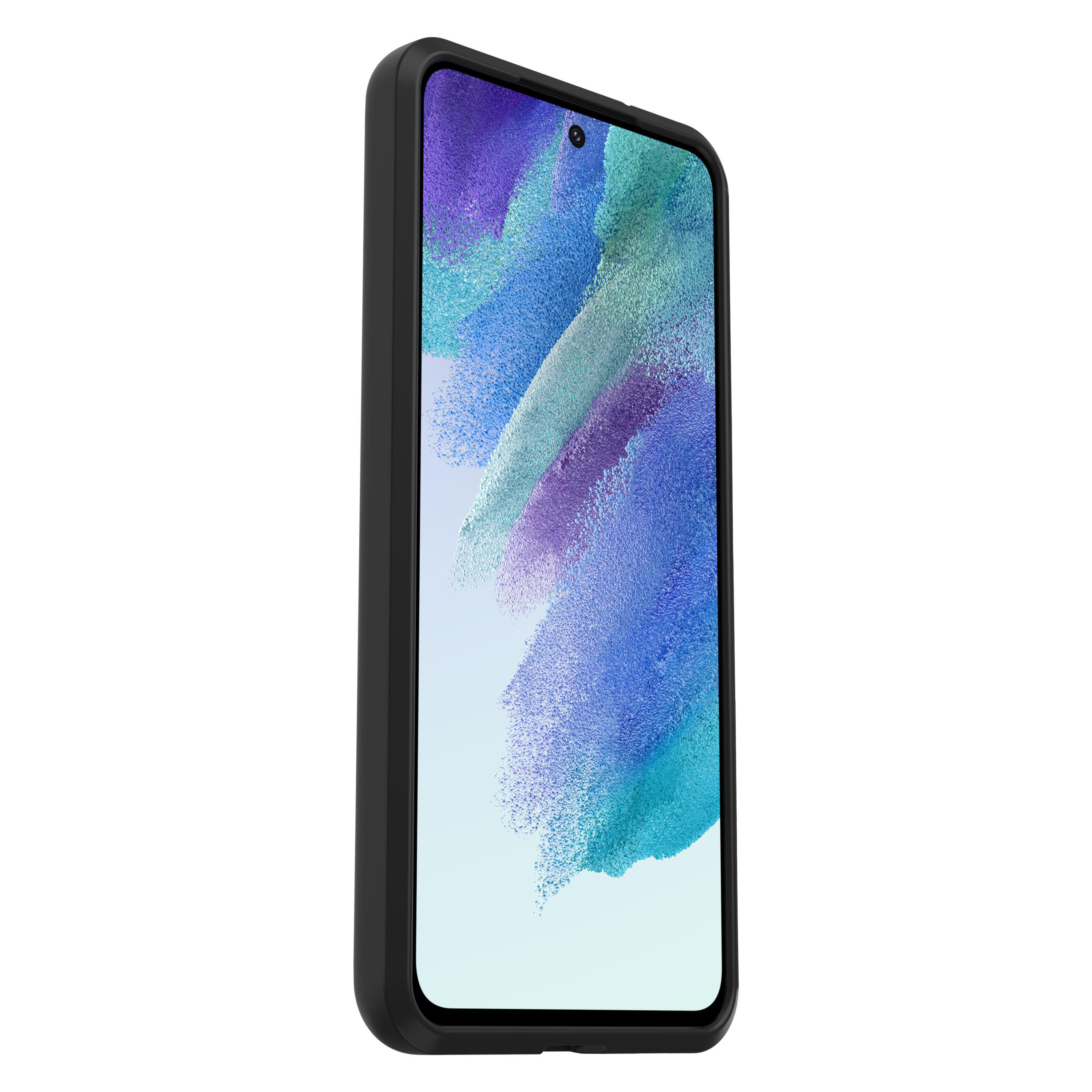 Ein Smartphone in einer Hülle. Das Telefon hat einen mehrfarbigen Hintergrund. Die Hülle ist schwarz.