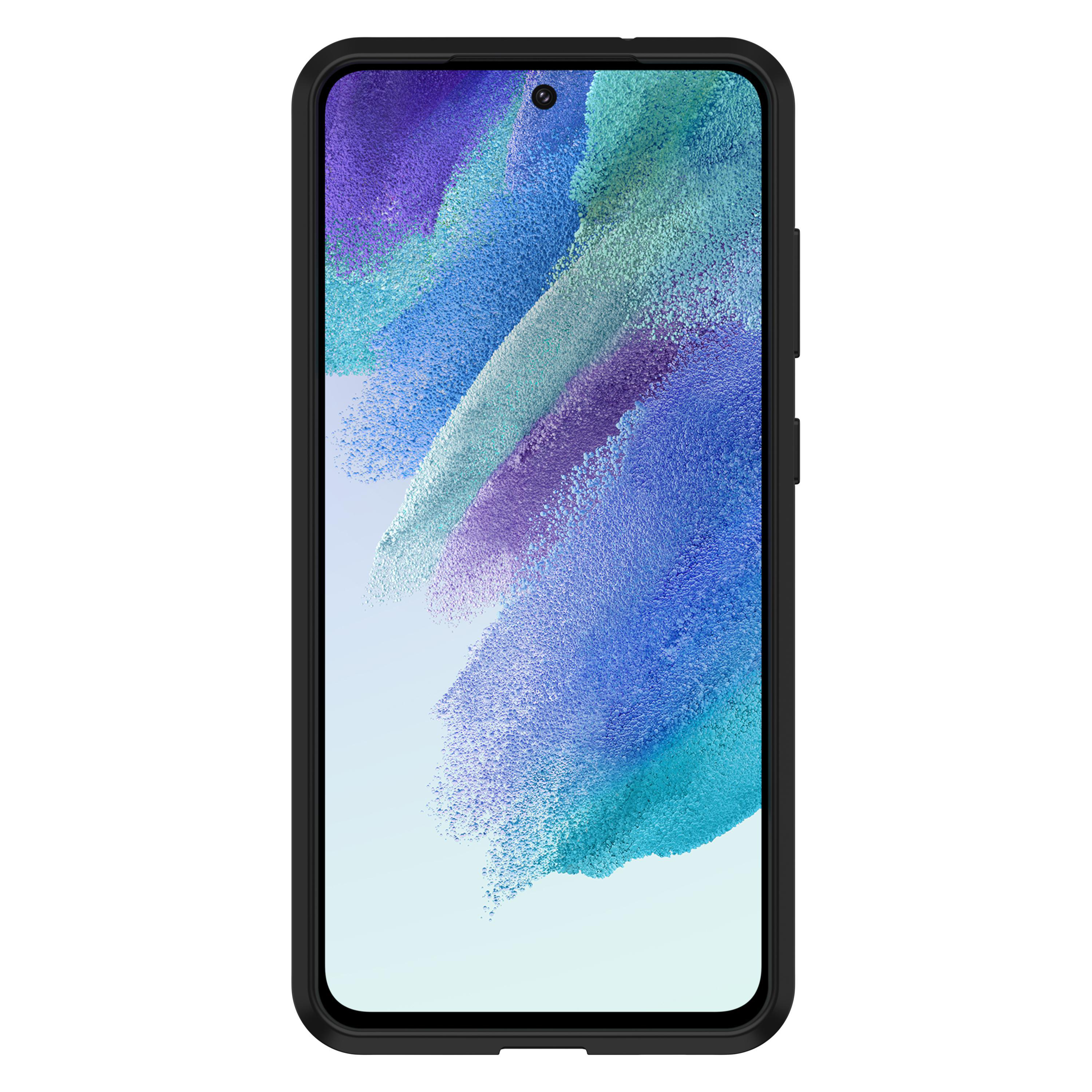 Smartphone, in einer Schutzhülle. Display ist eingeschaltet, zeigt blaues und grünes Muster.