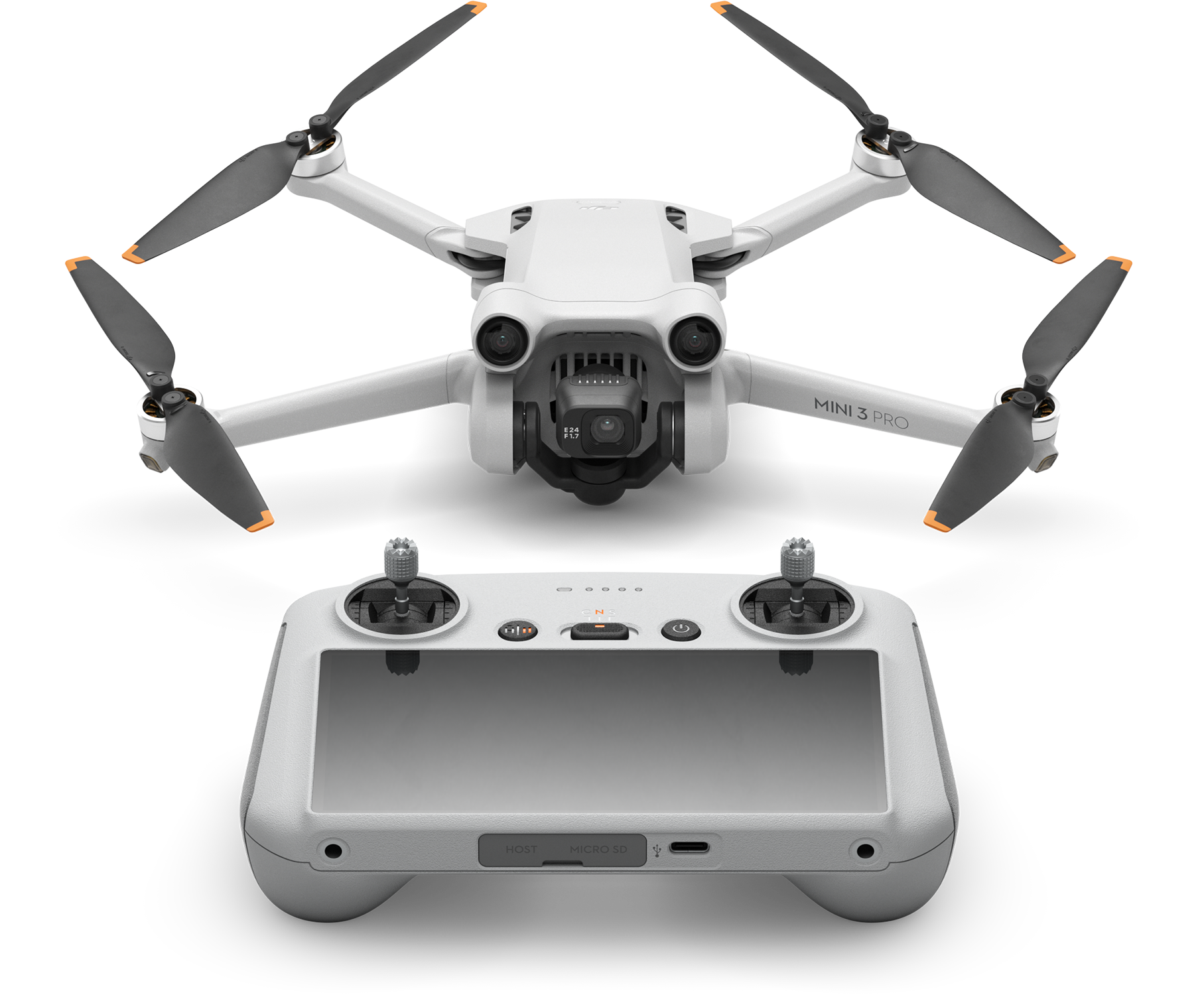 Witte drone met propellers en een controller, tegen een neutrale achtergrond.