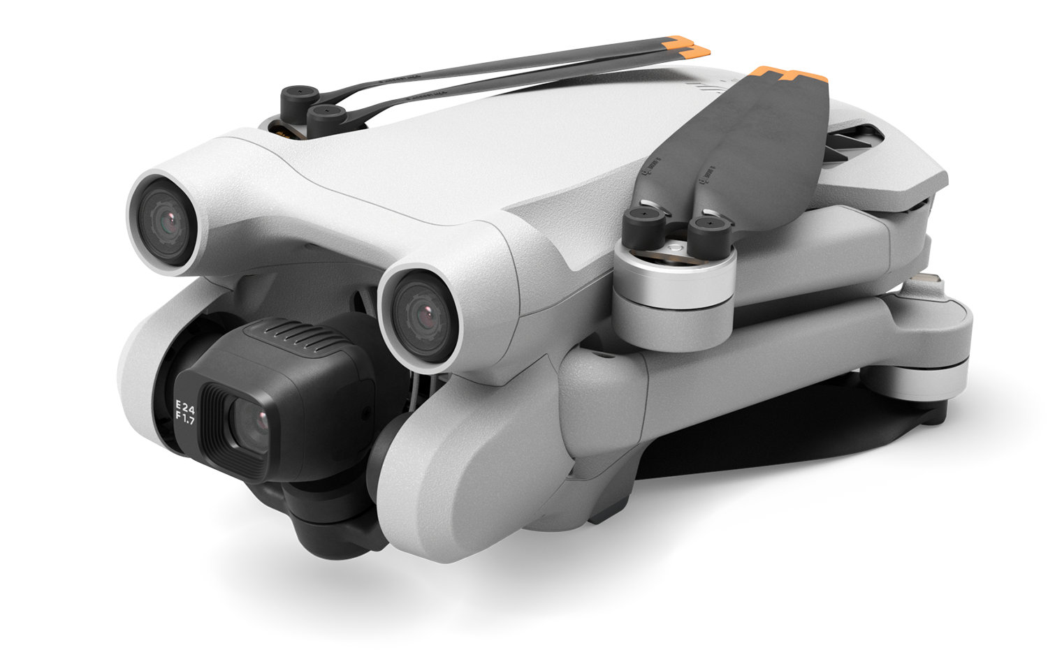 Witte drone met opgevouwen armen. Zwarte propellers en camera's, op een witte achtergrond.