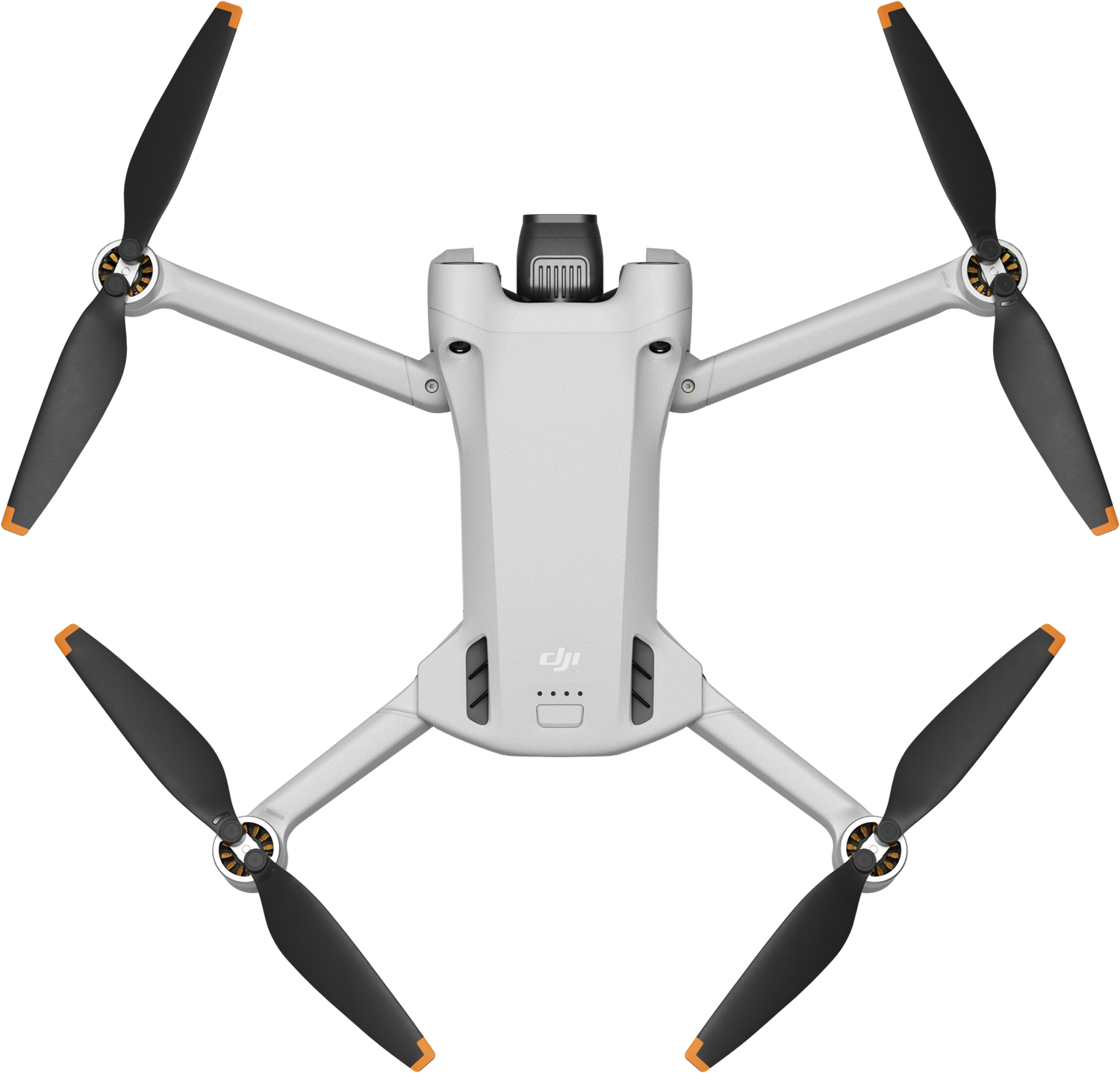 Grijze drone met zwarte propellers en oranje accenten, bovenaanzicht. DJI-logo zichtbaar.