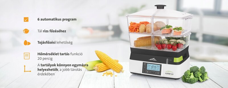 Többszintes ételpároló, benne ételekkel és szöveges leírásokkal. Előtérben kukorica és brokkoli.