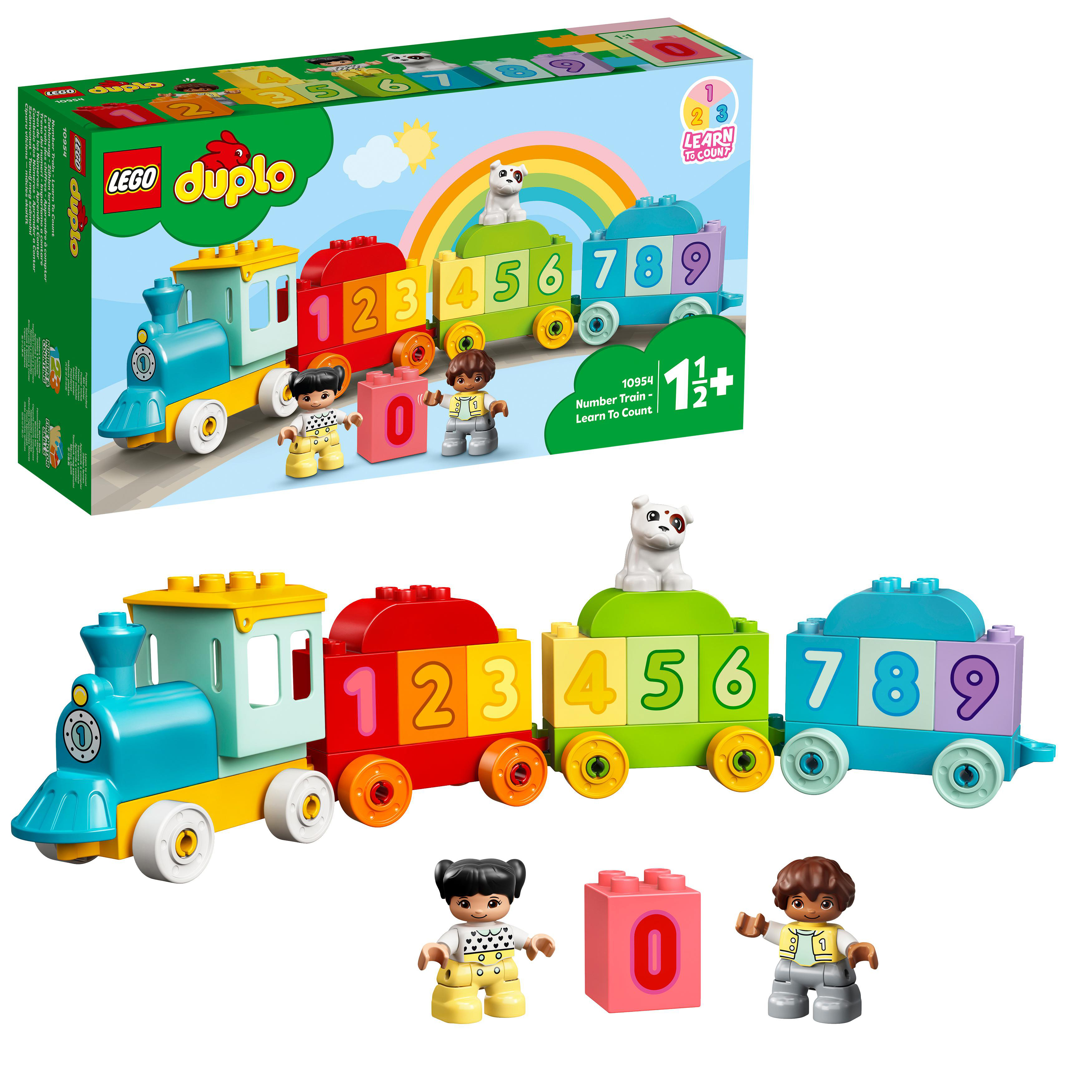 Lego Duplo Zugset mit Waggons, Figuren und Blöcken. Das Set befindet sich in einer Box.
