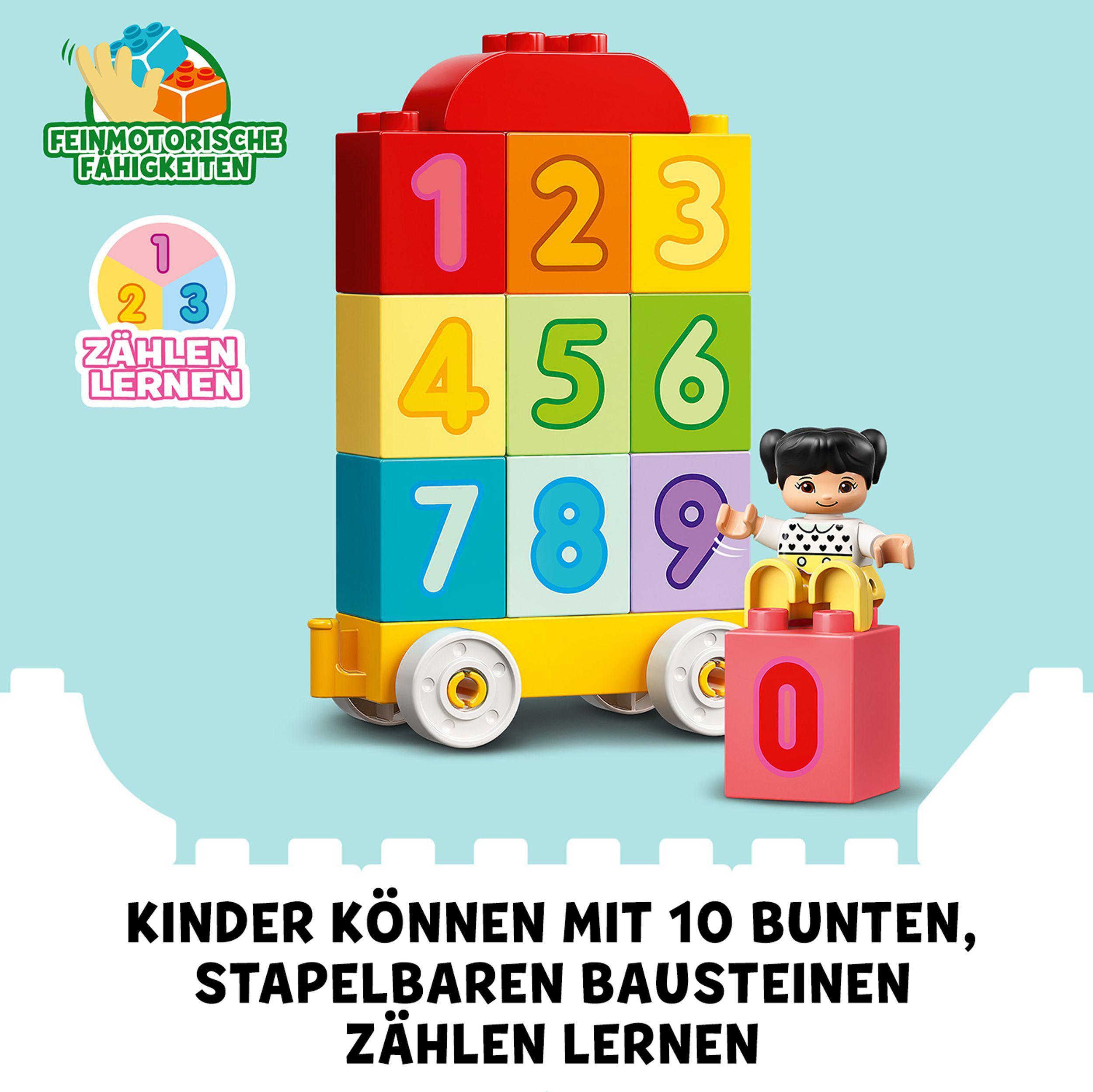 Spielzeugzug mit Zahlen und einer Figur. Die Zahlen 1-9 sind auf den Blöcken abgebildet. Eine Figur sitzt auf dem Block.