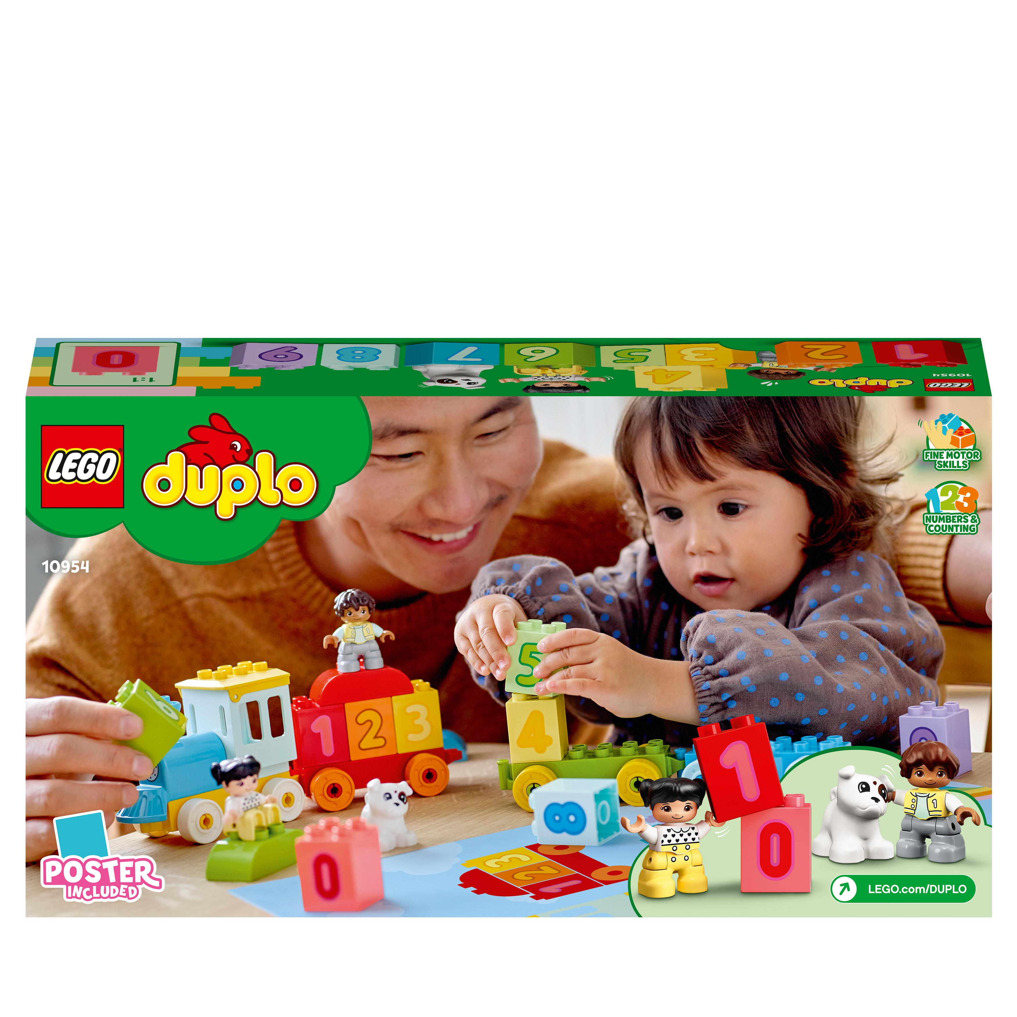 Eine Lego Duplo-Box zeigt einen Vater und ein Kind, die mit einem Zug spielen.