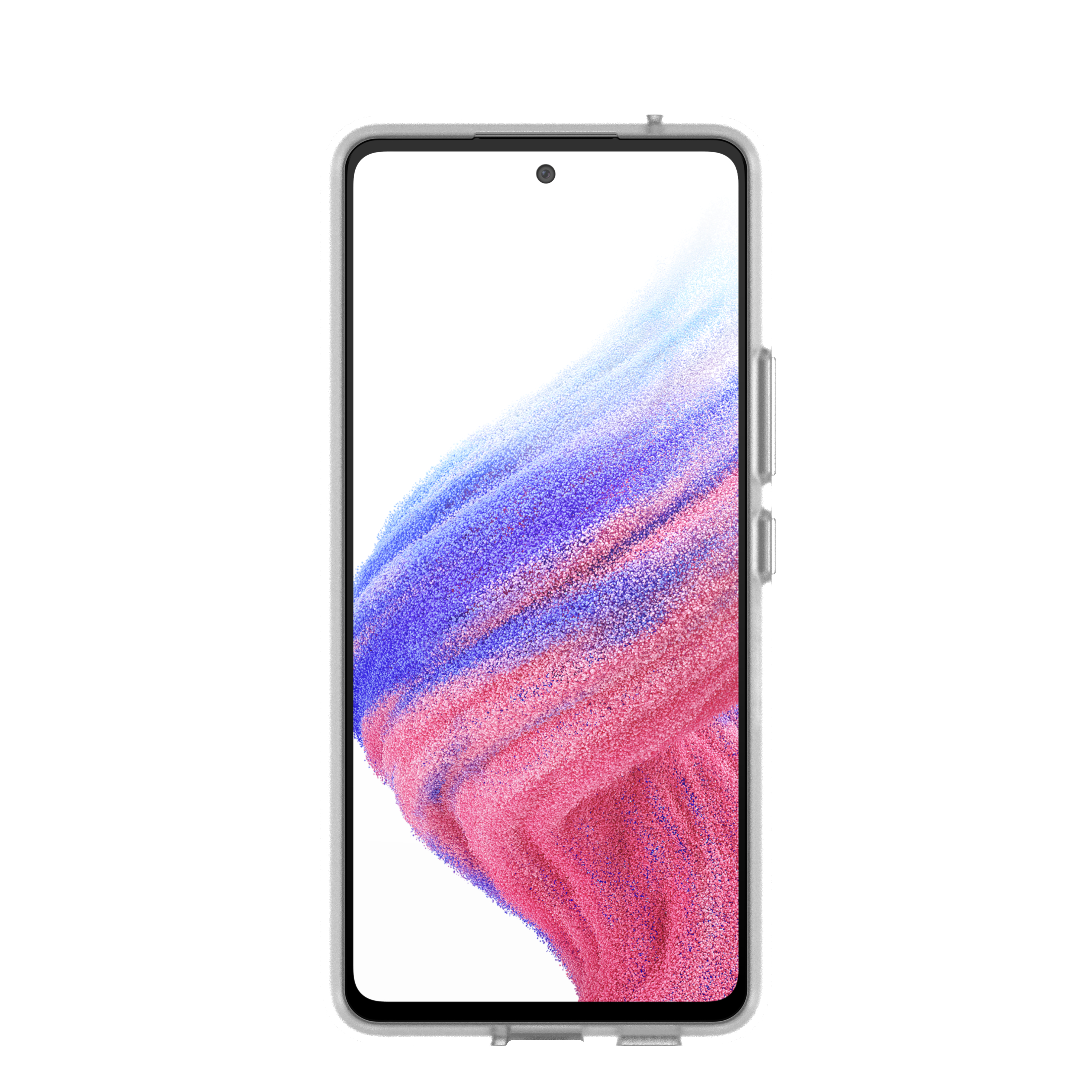 Ein Smartphone auf weißem Hintergrund, mit einem farbenfrohen abstrakten Design auf dem Bildschirm.