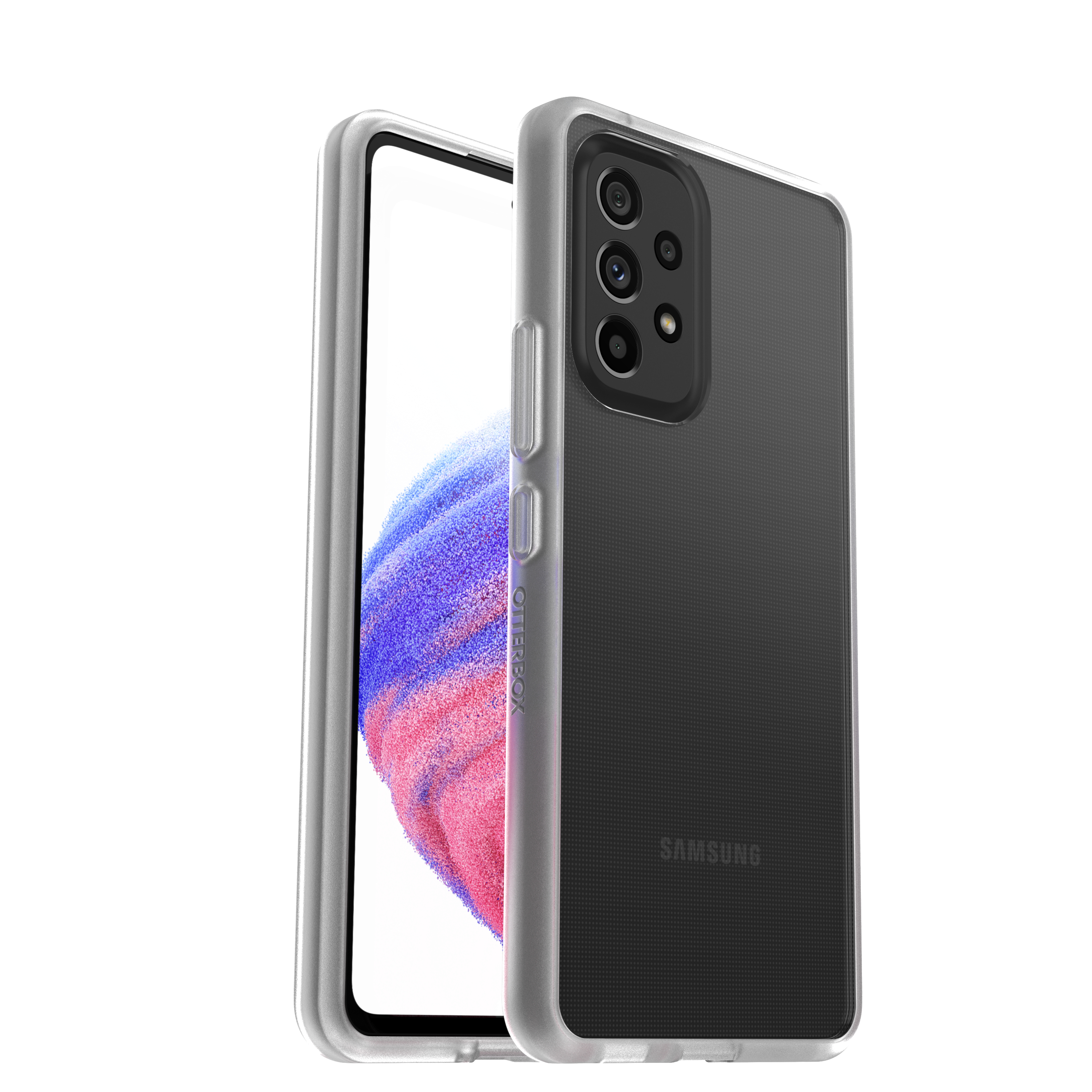Transparente Handyhülle auf einem schwarzen Telefon. Die Hülle hat einen silbernen Rahmen.