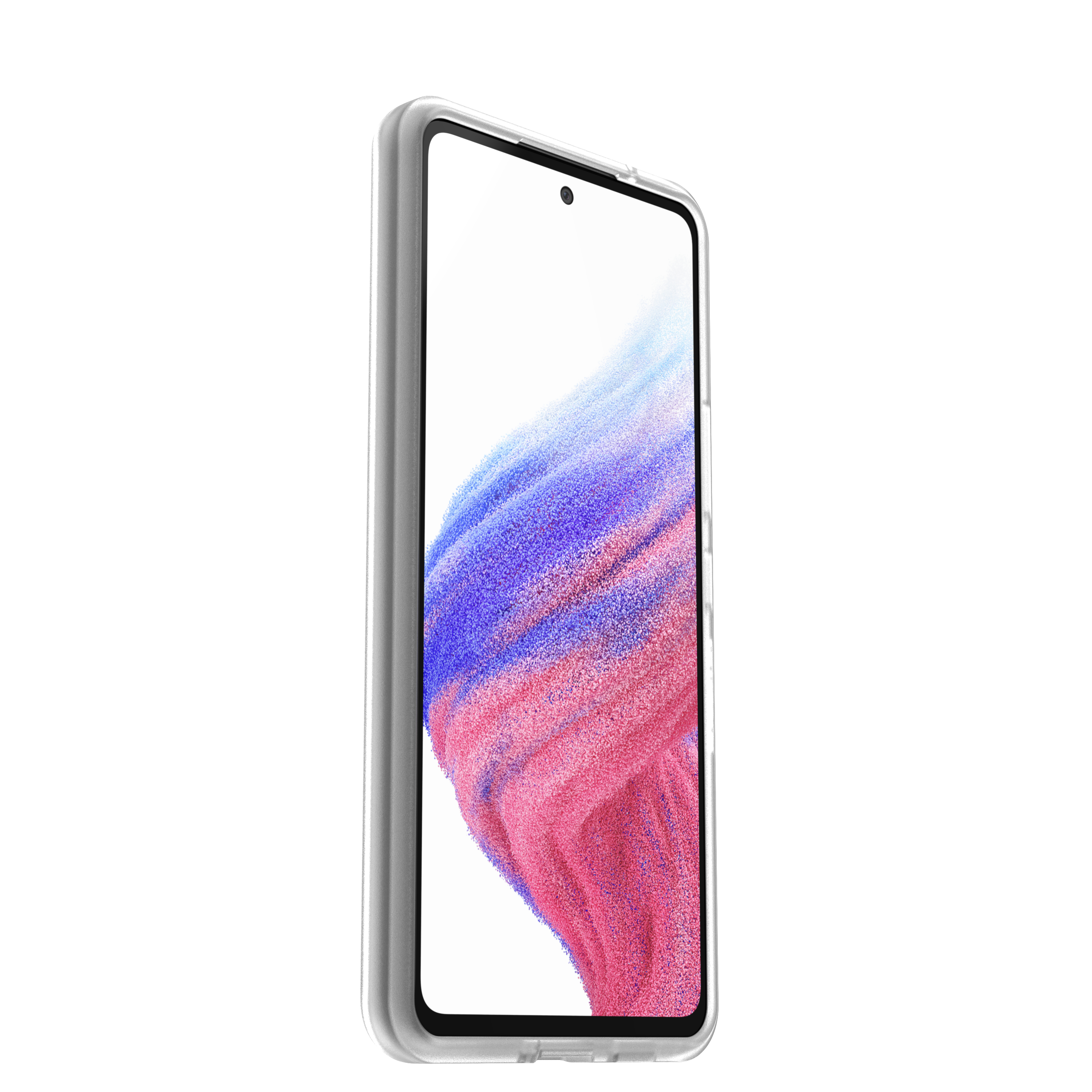 Ein modernes Smartphone mit transparentem Gehäuse. Der Bildschirm zeigt ein abstraktes Design mit rosa und blauen Farben.