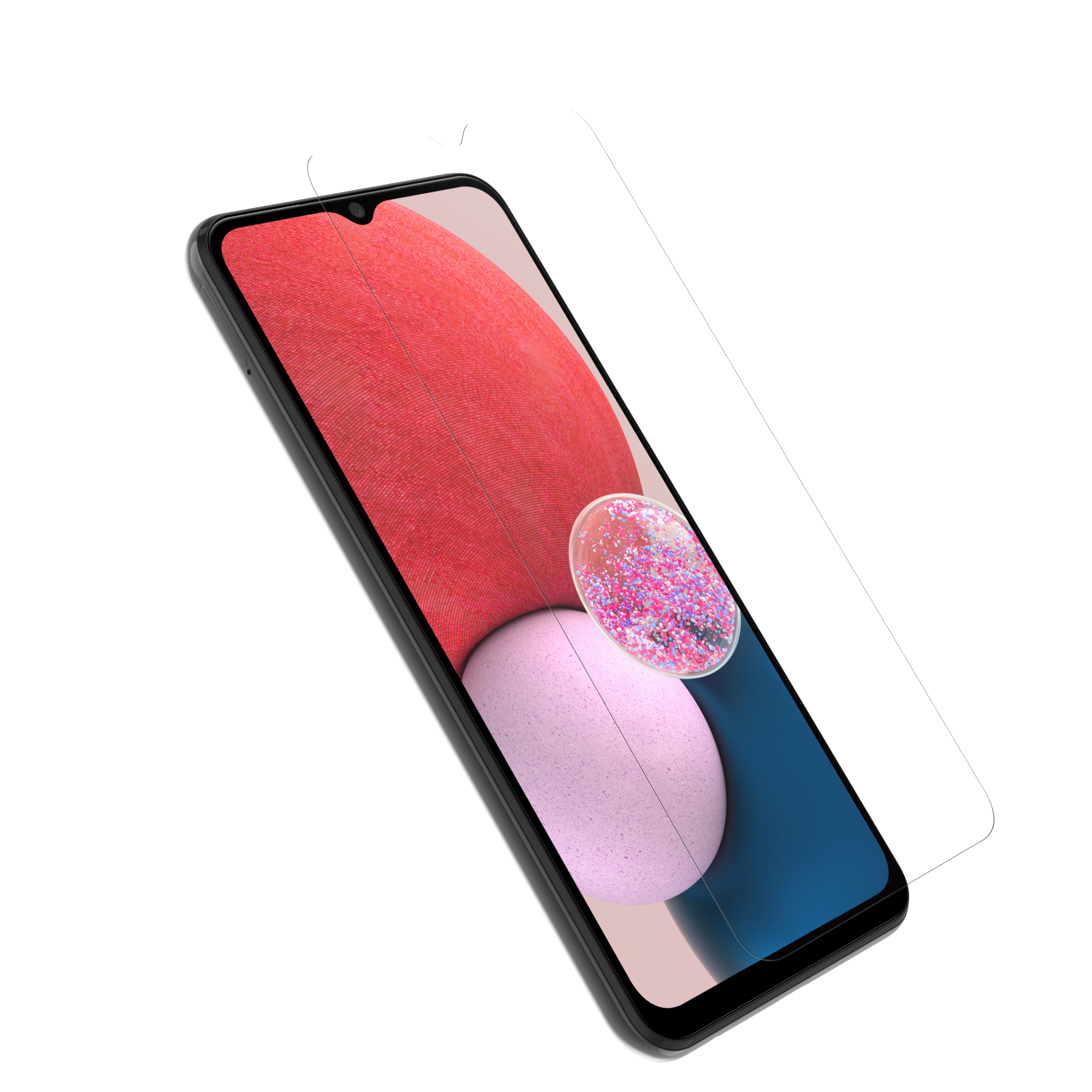 Ein Telefon mit Displayschutzfolie wird gezeigt. Das Telefon ist schwarz, der Schutz klar.