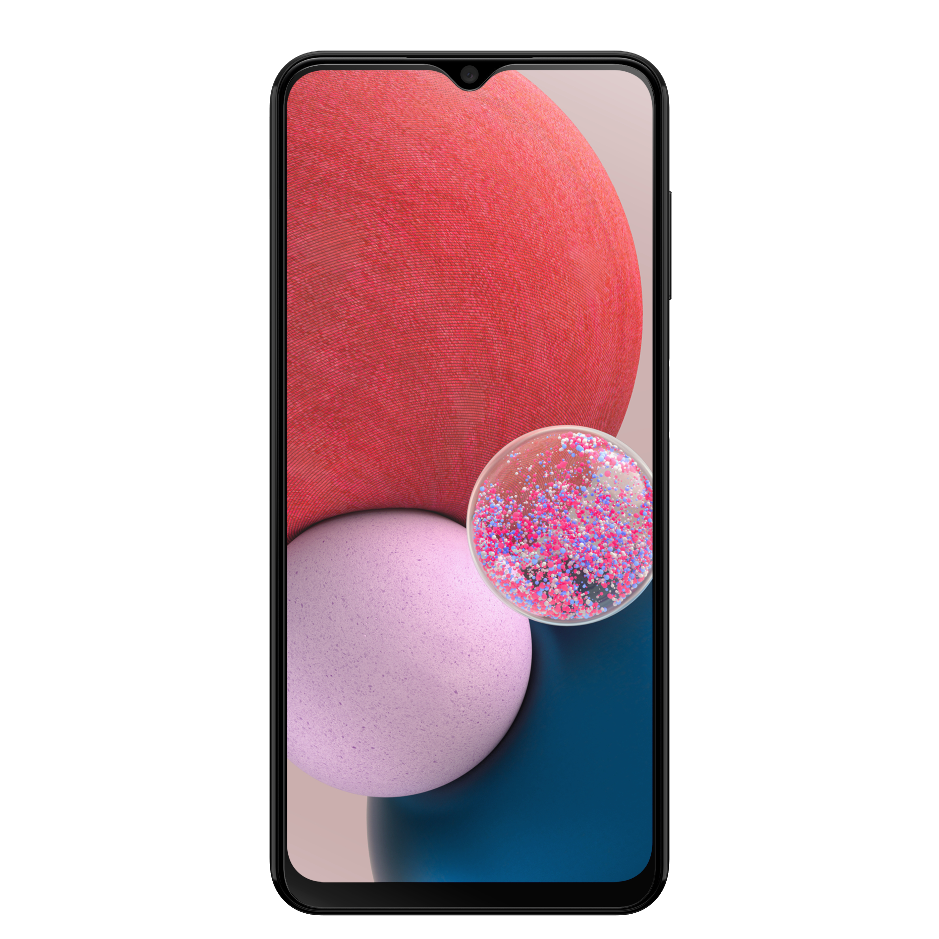 Ein schwarzes Smartphone mit einem farbenfrohen Bildschirm mit abstrakten Formen.