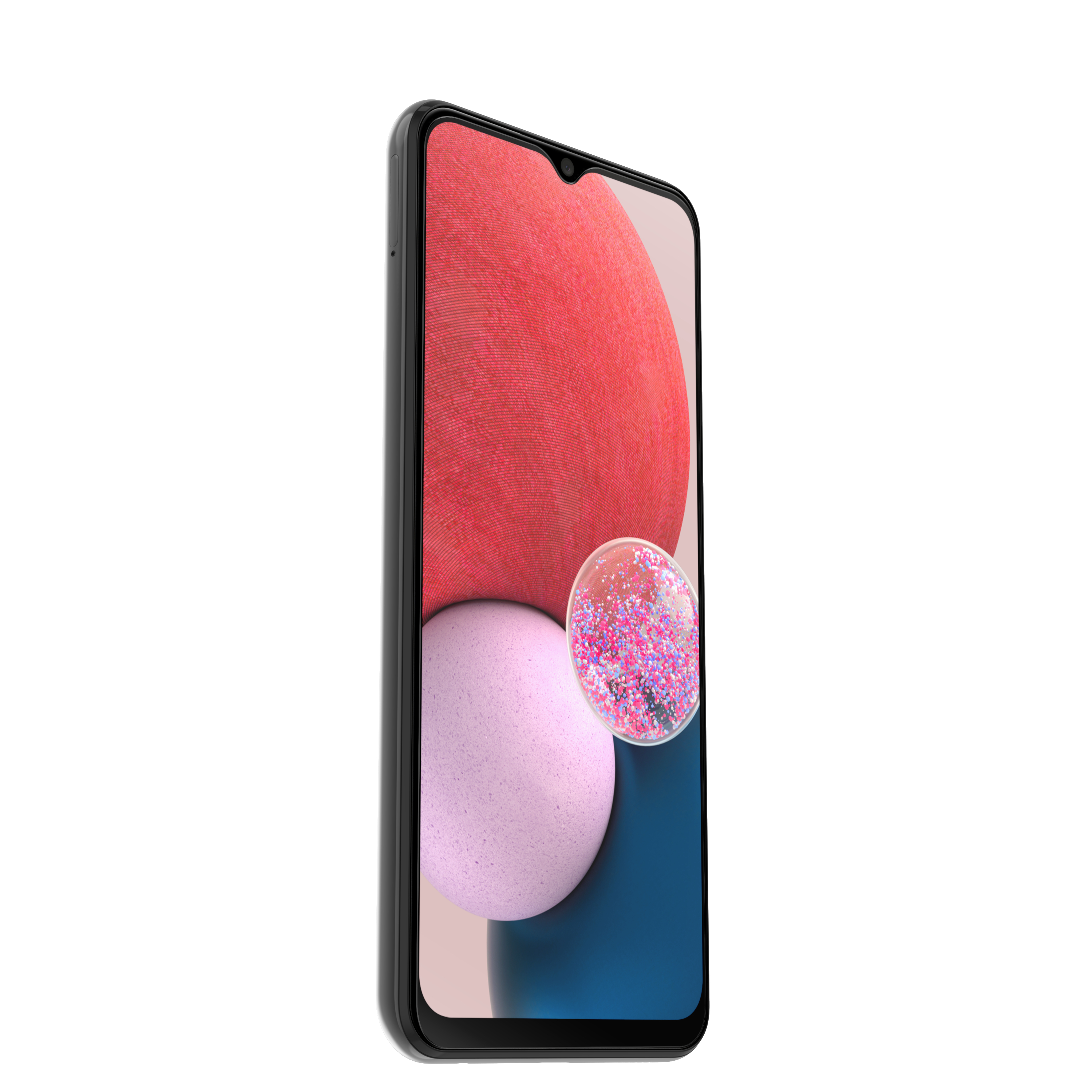 Schwarzes Smartphone mit abgerundeten Ecken. Der Bildschirm zeigt rosa und rote Formen. Weißer Hintergrund.