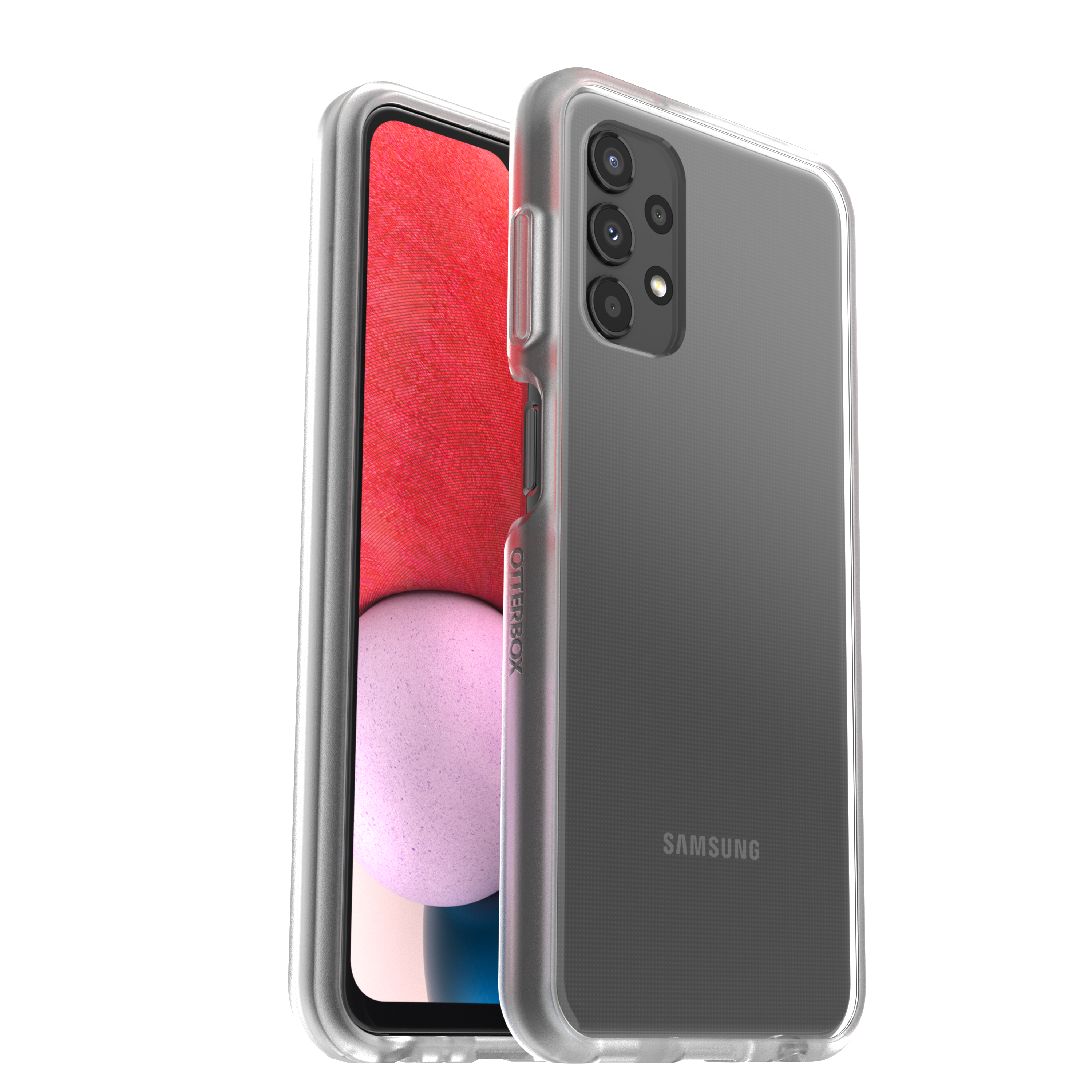 Samsung-Telefon in Otterbox-Hülle. Telefon ist weiß, Hülle ist klar.