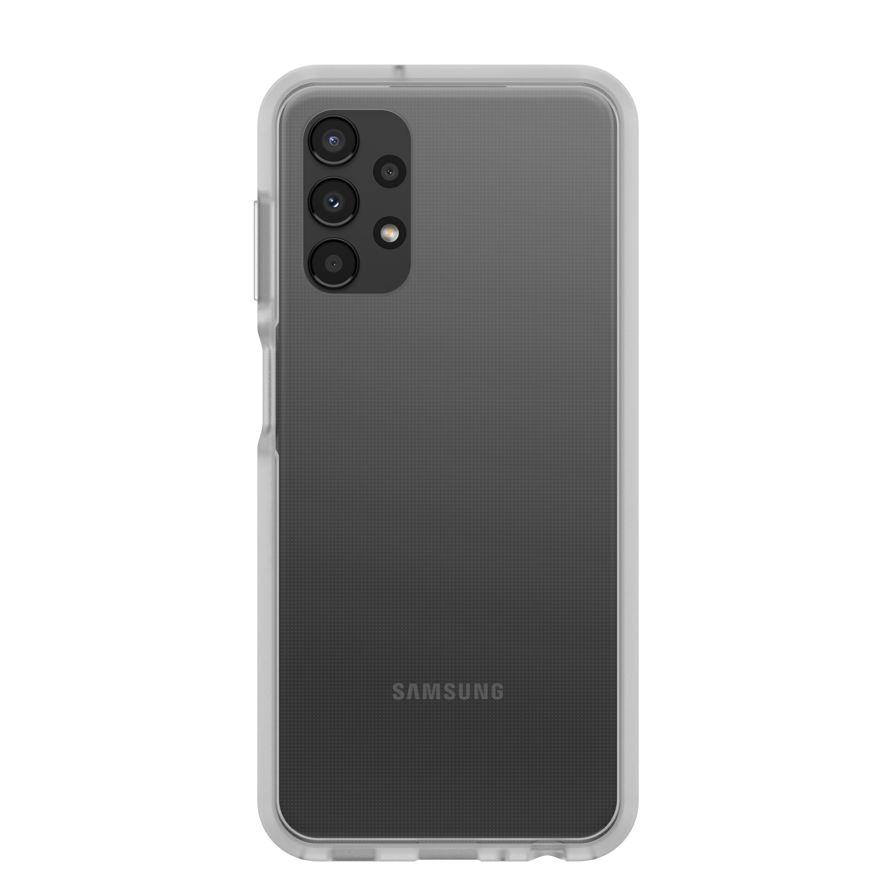 Samsung-Telefon in einer durchsichtigen Hülle, Rückansicht, mit mehreren Kameras.