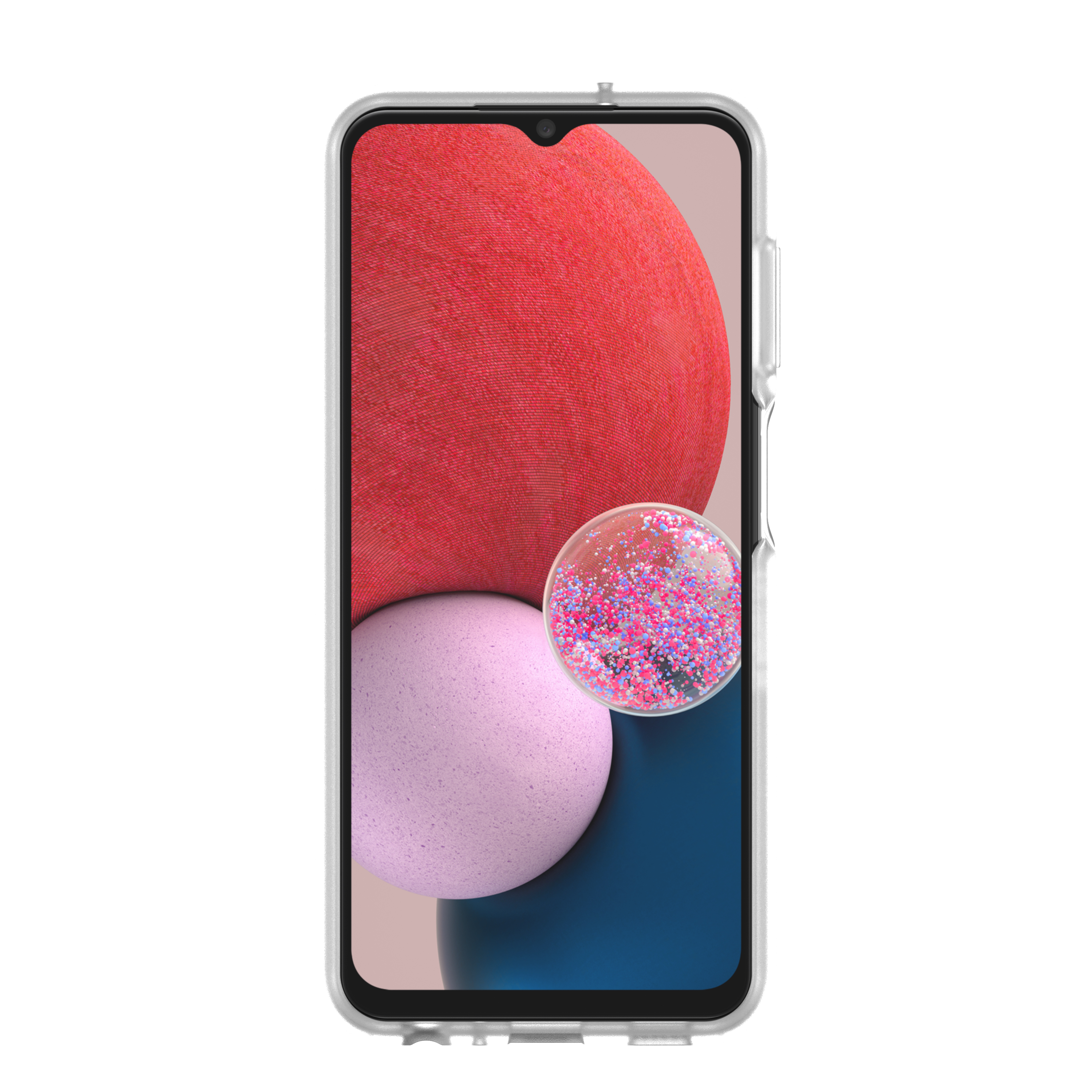 Smartphone mit transparentem Gehäuse. Der Bildschirm zeigt rosa und blaue abstrakte Formen.