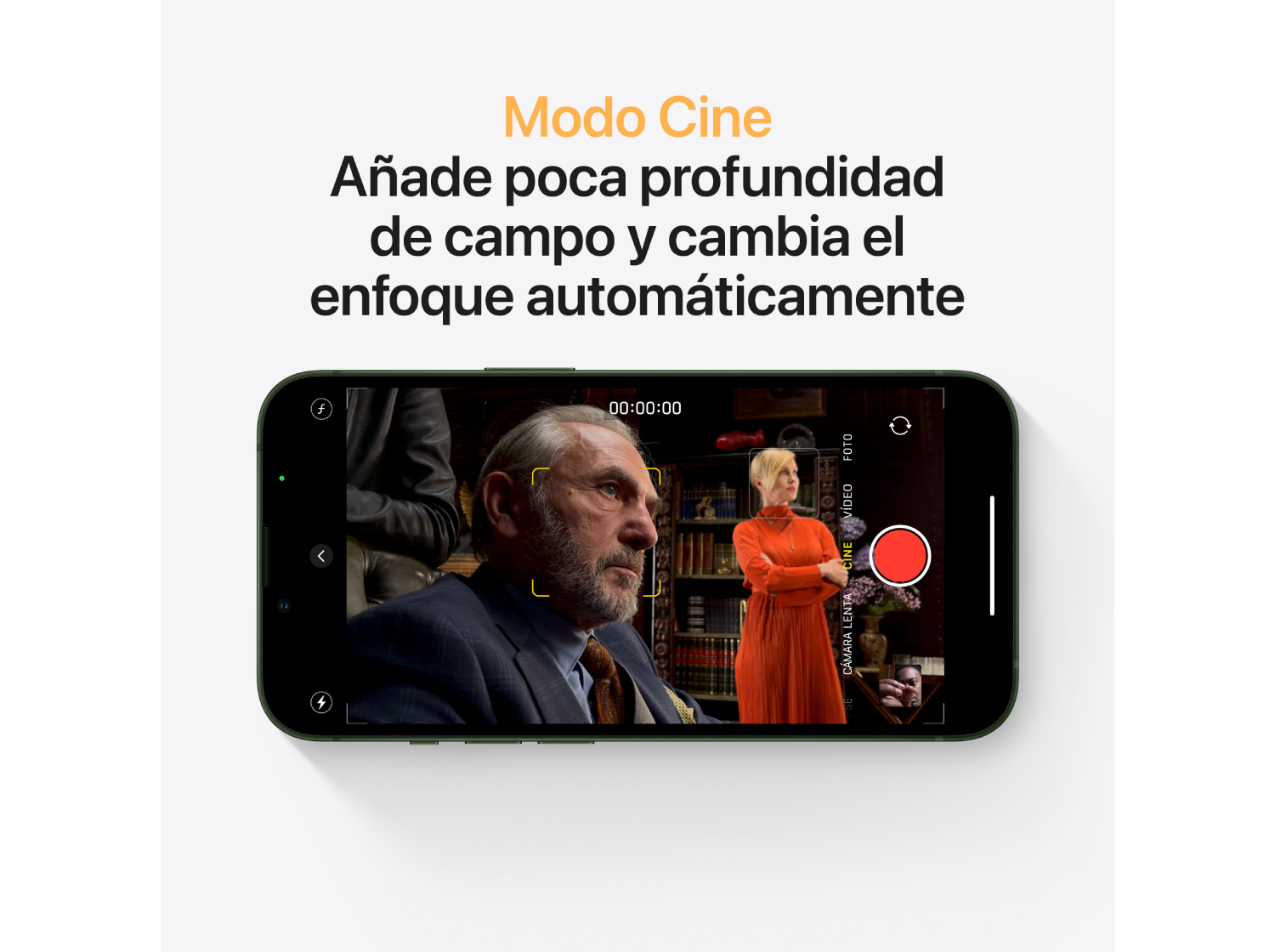 iPhone verde con texto. Muestra una interfaz de grabación de video y un hombre.