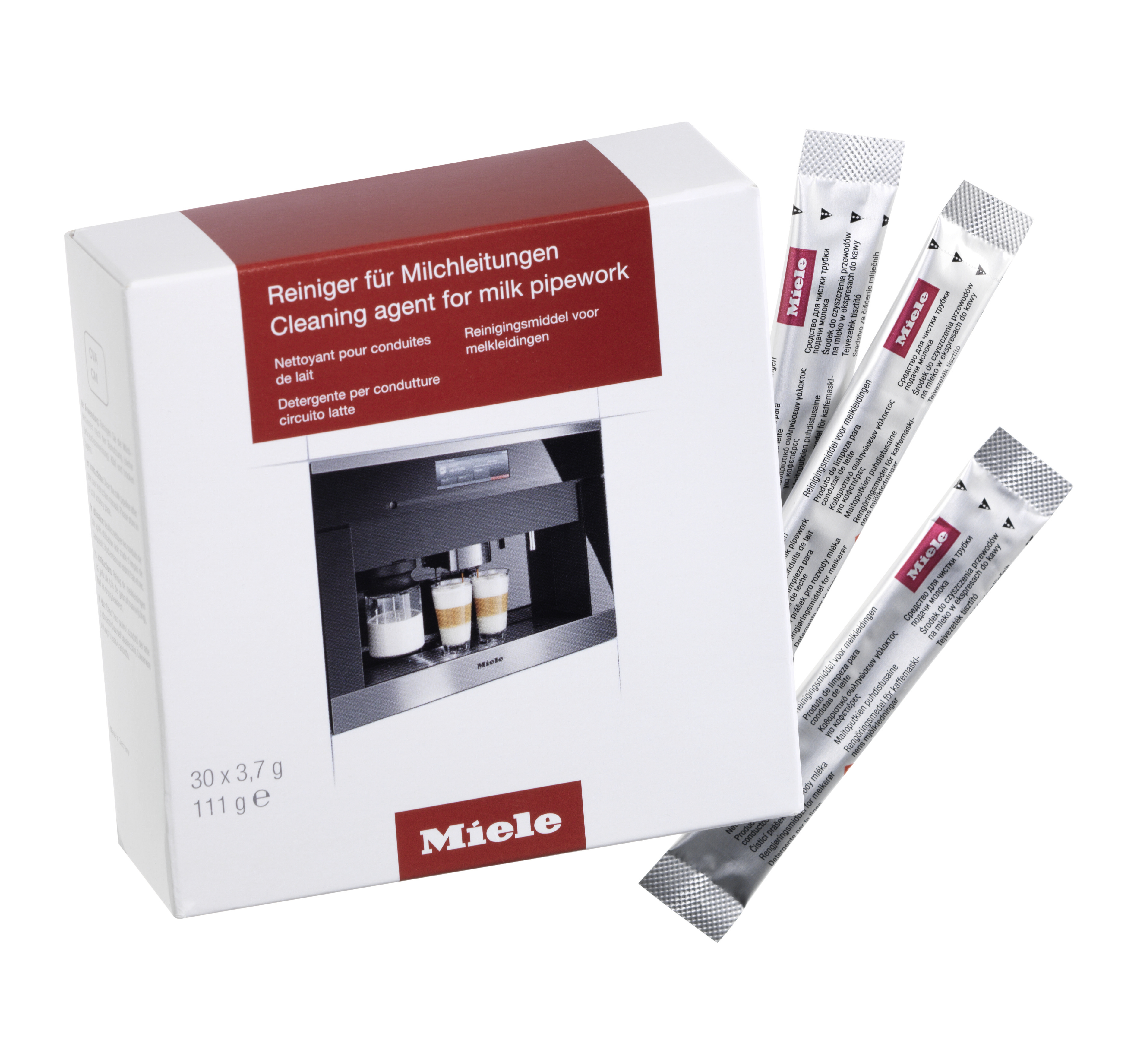 Box mit Miele Reinigungsmittel für Milchleitungen. Enthält Beutel. Die Box hat ein rot-weißes Design.