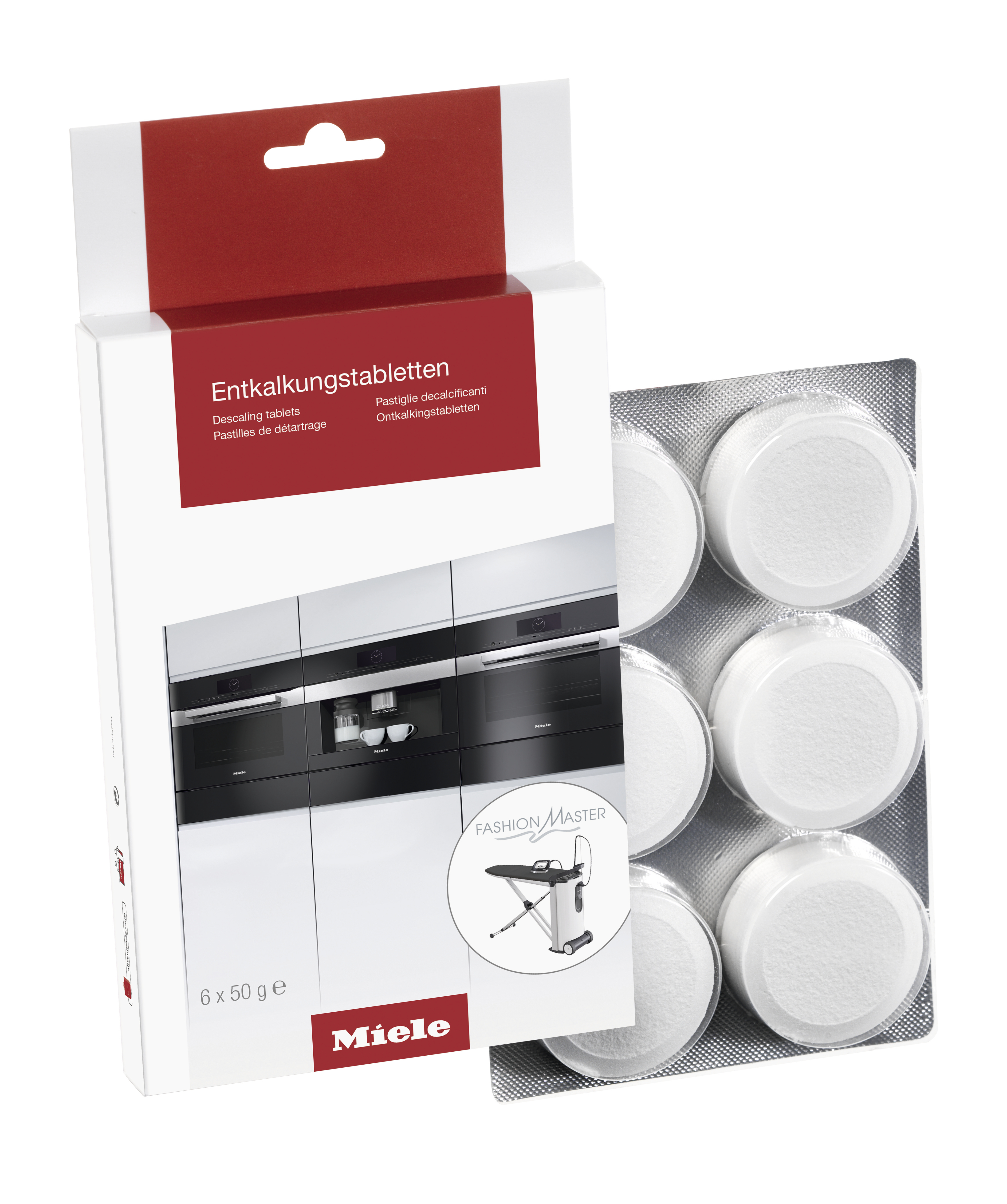 Schachtel mit Miele Entkalkungstabletten. Tabletten in einer Blisterpackung.