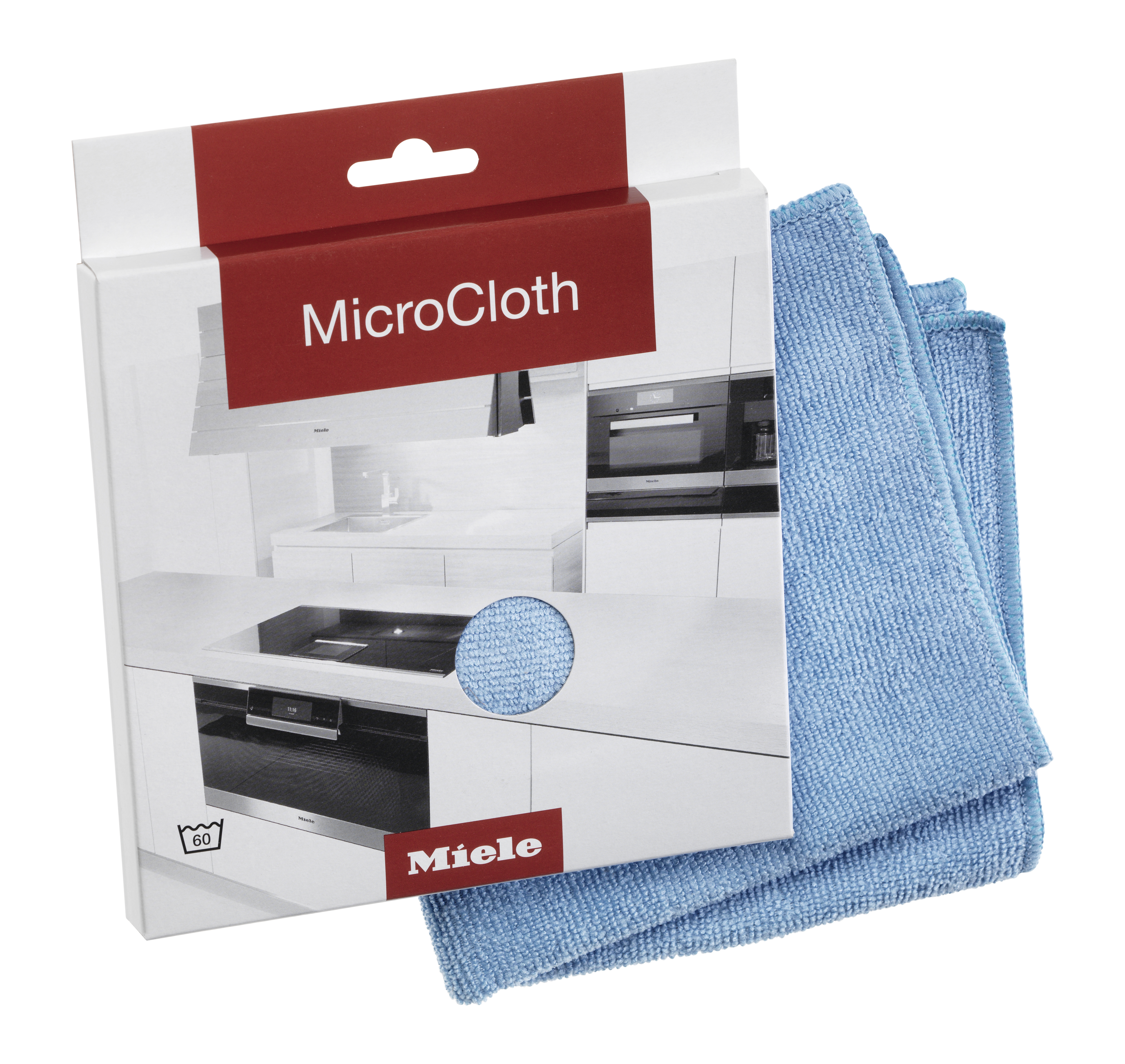 Eine weiße Schachtel mit MicroCloth und blauen Reinigungstüchern. Auf der Schachtel ist eine Küche abgebildet.