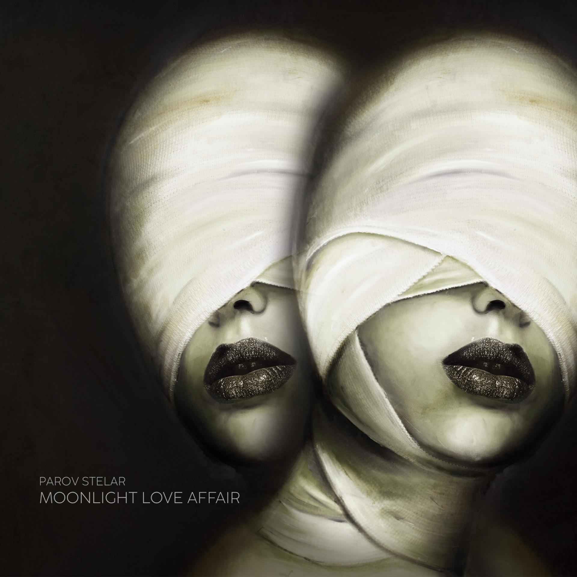 Két arc, kötésekbe csomagolva, arany rúzzsal. Parov Stelar, 'Moonlight Love Affair'.