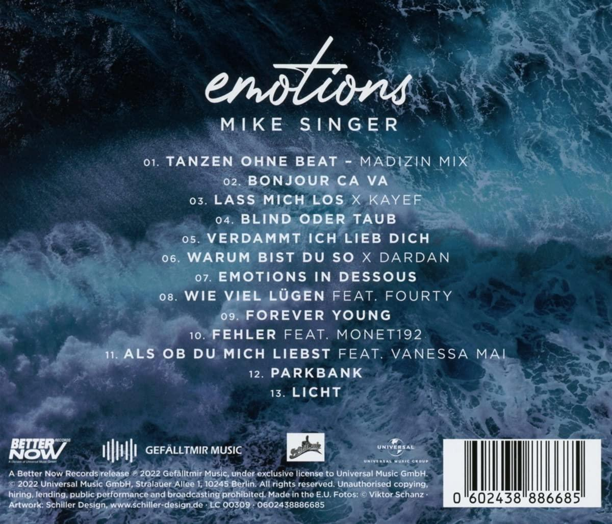 CD-Cover für Mike Singers Album "emotions". Weißer Text auf Wellenhintergrund.