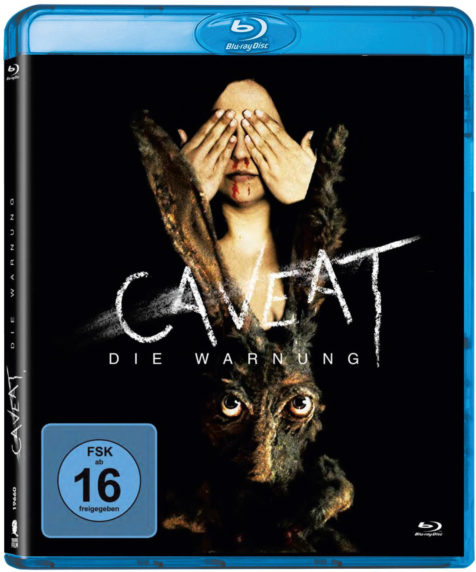 Blu-ray-Filmcover mit einer Frau, die sich die Augen bedeckt. Es gibt ein Kaninchen und den Text 'Caveat'.