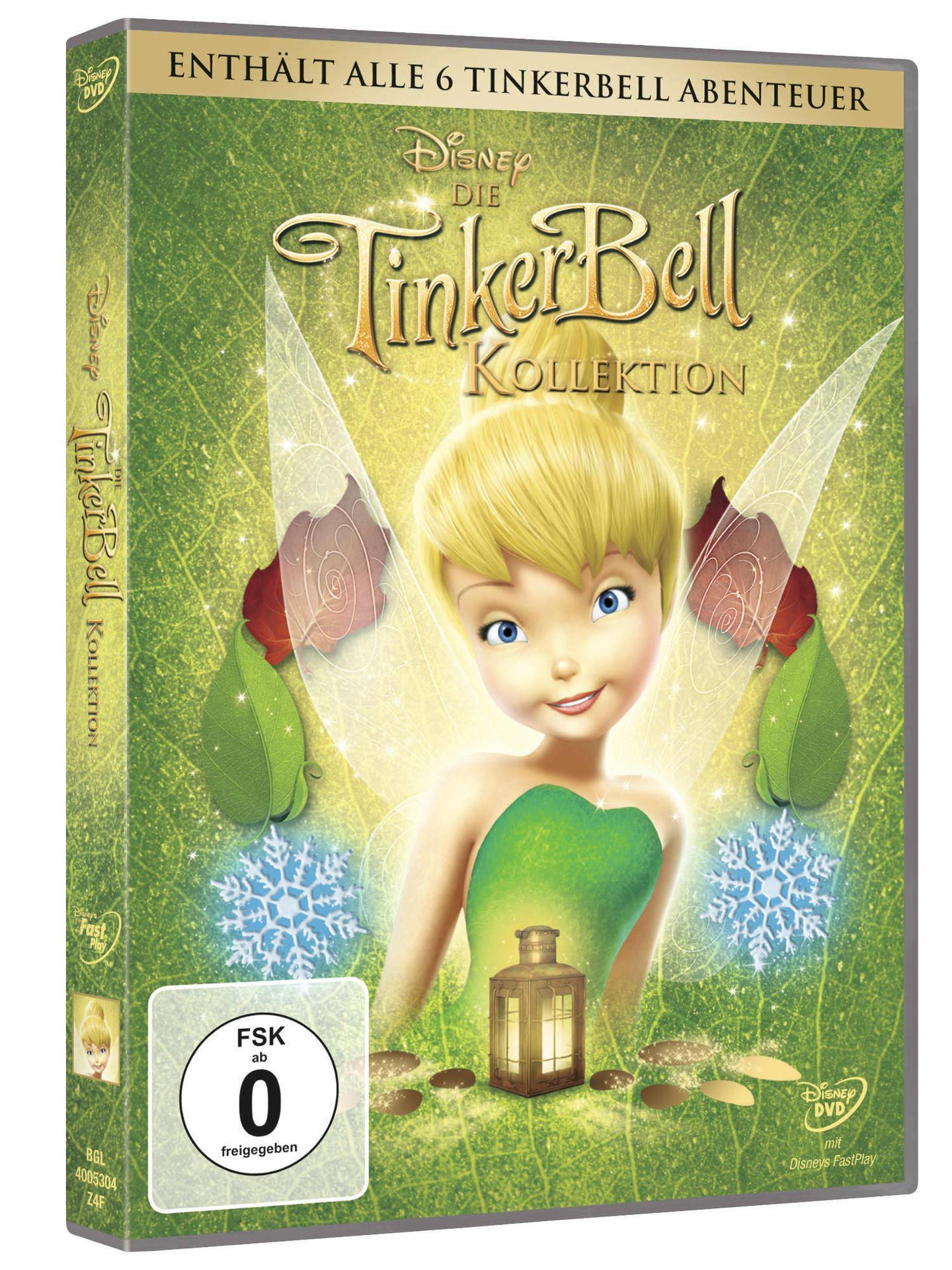 DVD-Hülle mit Tinkerbell auf dem Cover. Sie hat einen grünen Hintergrund und verschiedene Disney-Logos.