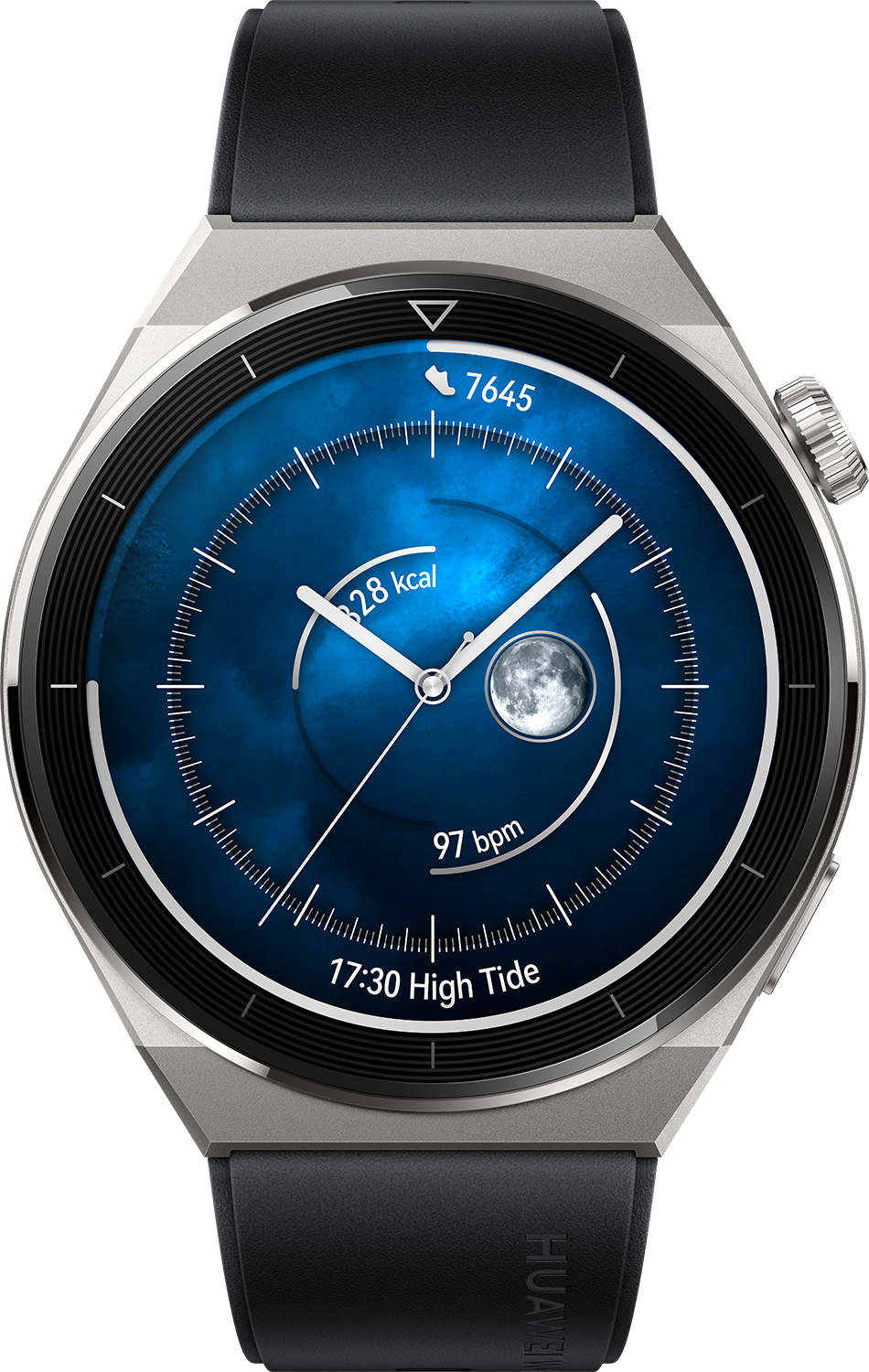 Zilveren smartwatch met zwarte band. Het display toont tijd, activiteit en een blauwe gradiënt.