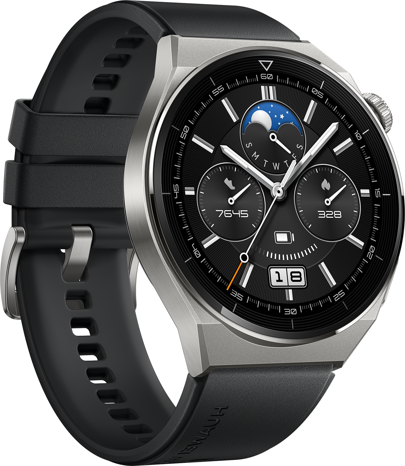 Zilveren smartwatch met zwarte band, toont tijd en datum.