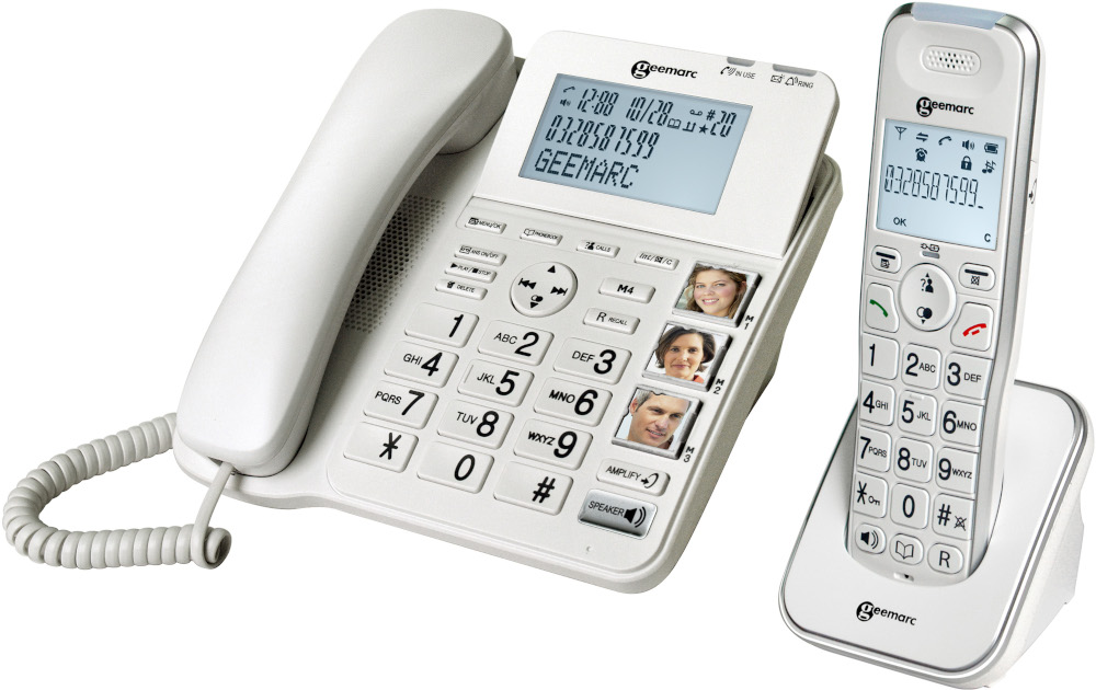 Un téléphone Geemarc blanc avec une base et un combiné sans fil. L'écran affiche l'heure et d'autres informations.